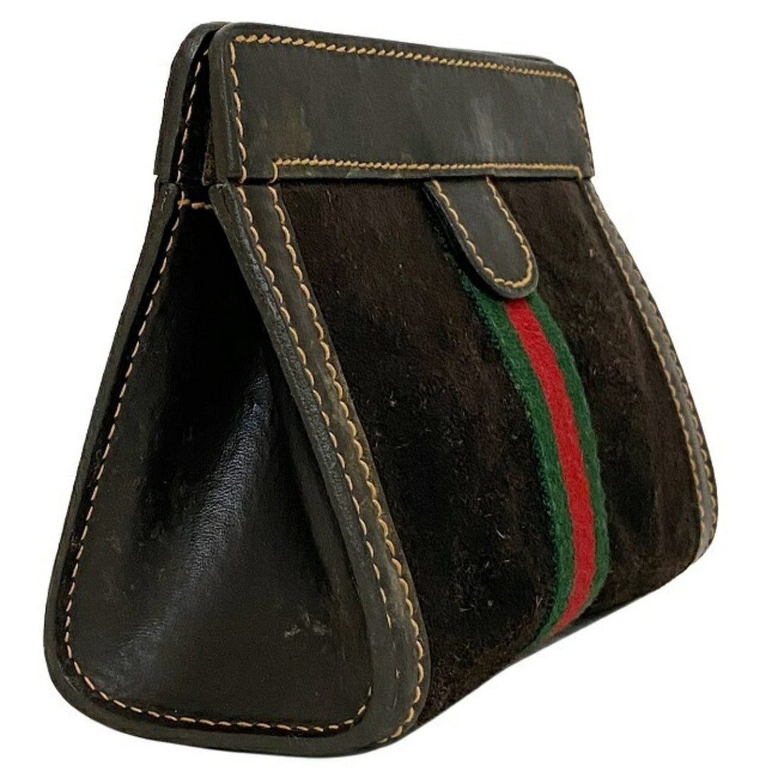 Gucci Perfume Pouch Brown Green Red Shelly 506 Leather Suede GUCCI PARFUMS Magic Tape Clutch Stripe Ladies