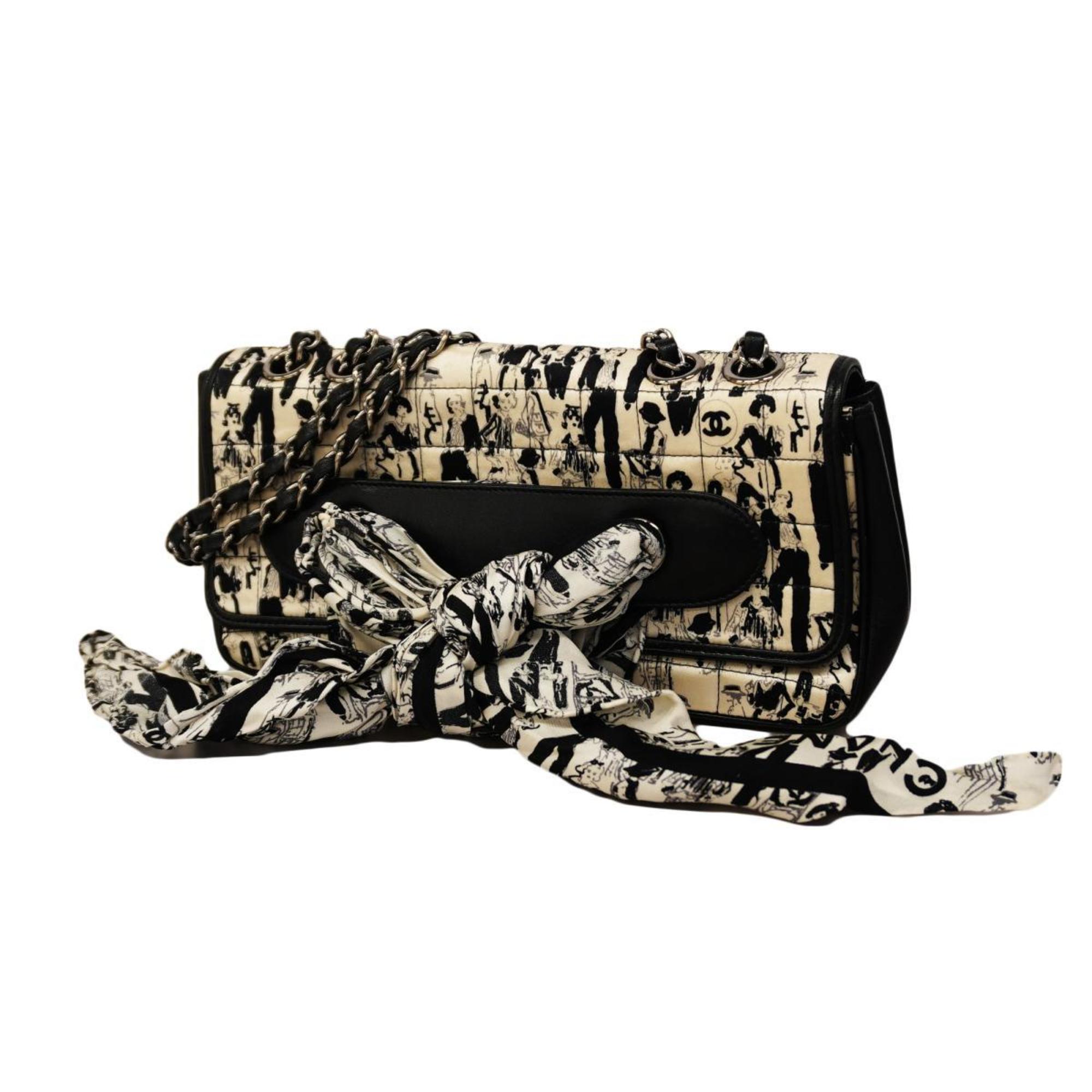 Chanel Shoulder Bag Chocolate Bar W Chain Leather Satin Black White Women's