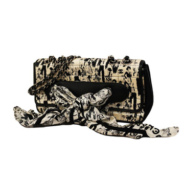 Chanel Shoulder Bag Chocolate Bar W Chain Leather Satin Black White Women's