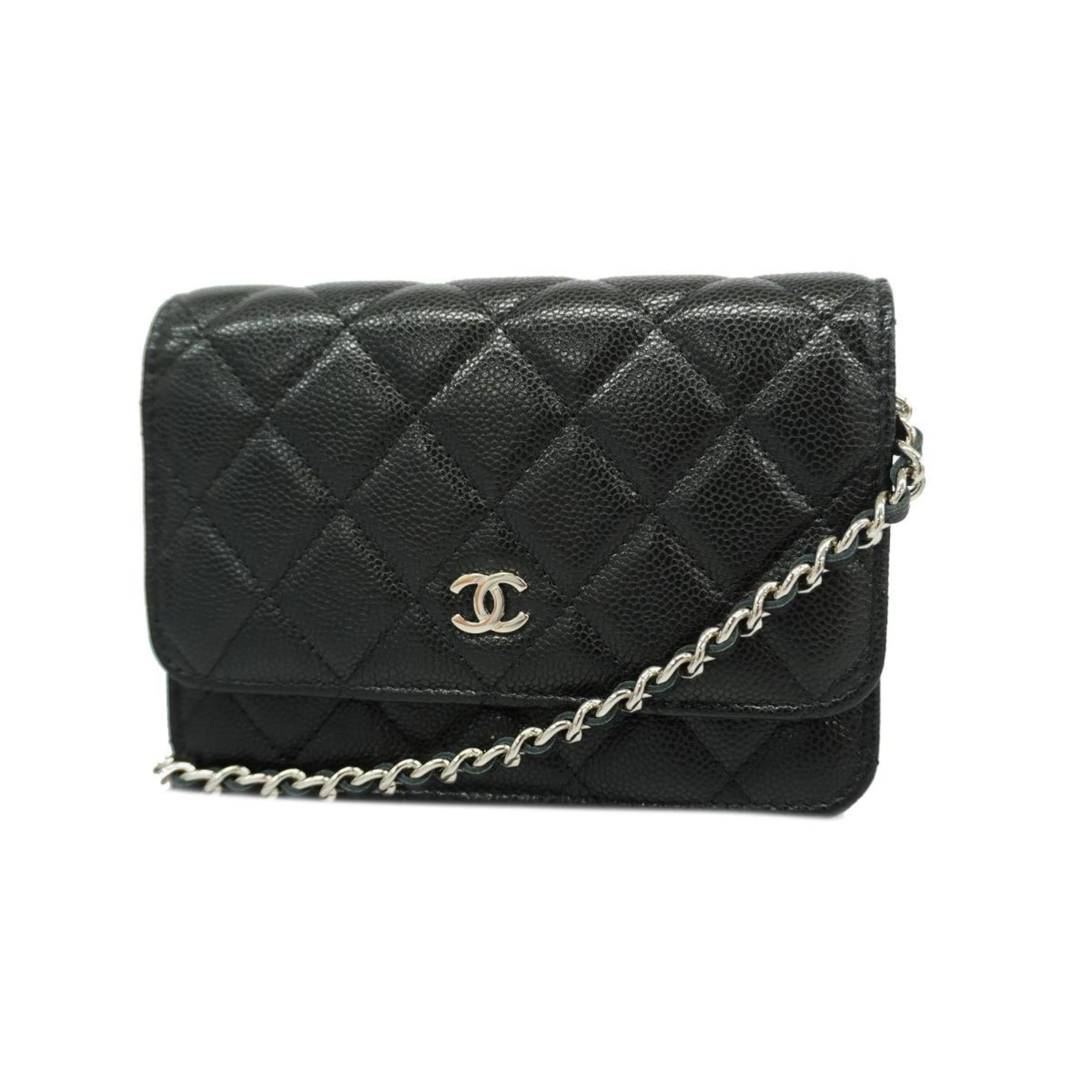 Chanel Shoulder Wallet Matelasse Chain Caviar Skin Black Women's