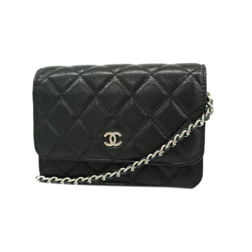 Chanel Shoulder Wallet Matelasse Chain Caviar Skin Black Women's