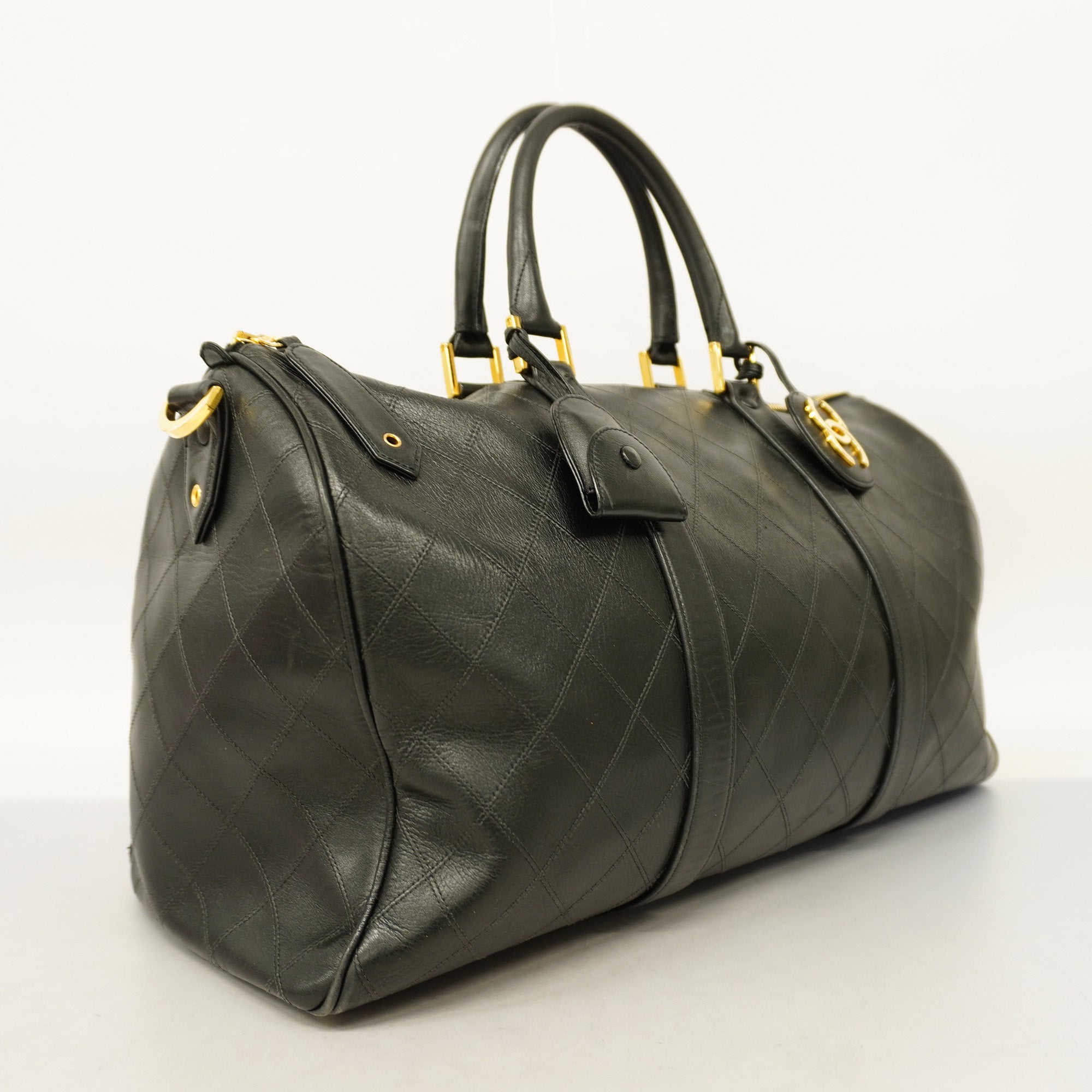 CHANEL   Bicolor Boston Bag Women,Men,Unisex Leather Boston Bag Black