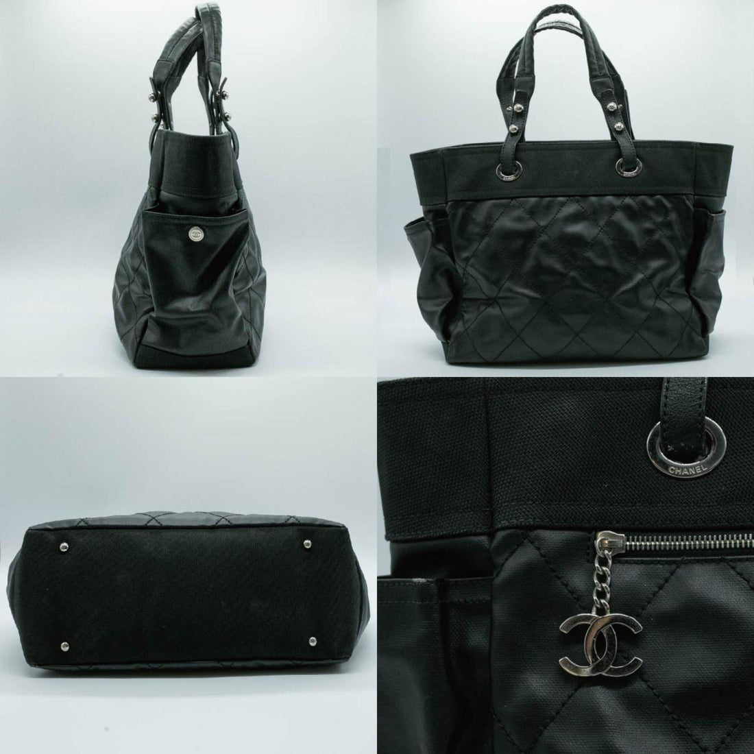 CHANEL Tote Bag Paris Biarritz GM Leather Coated Canvas Black Silver Men's Women's A34210 16th Series PD1