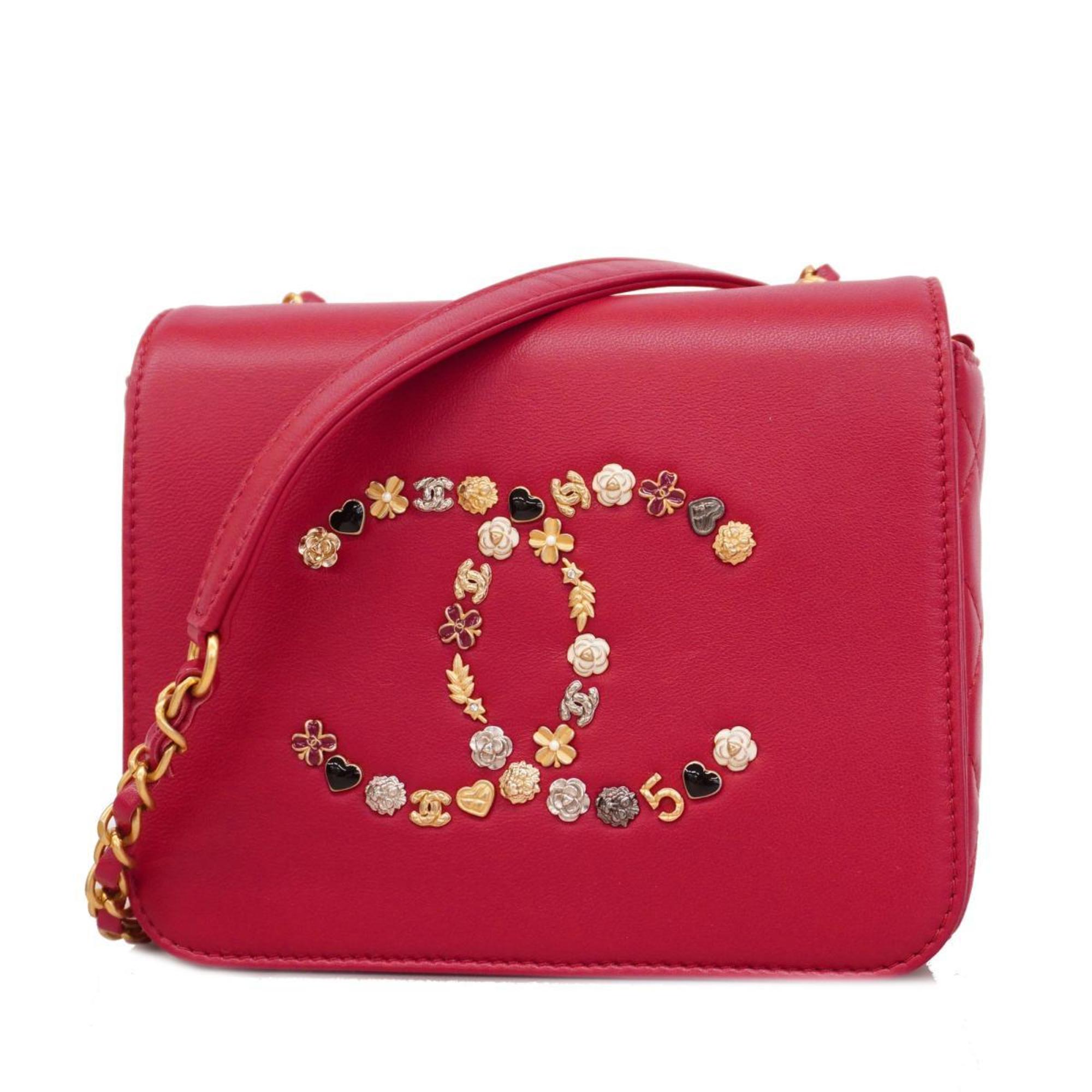 Chanel Shoulder Bag Matelasse Chain Lambskin Red Women's