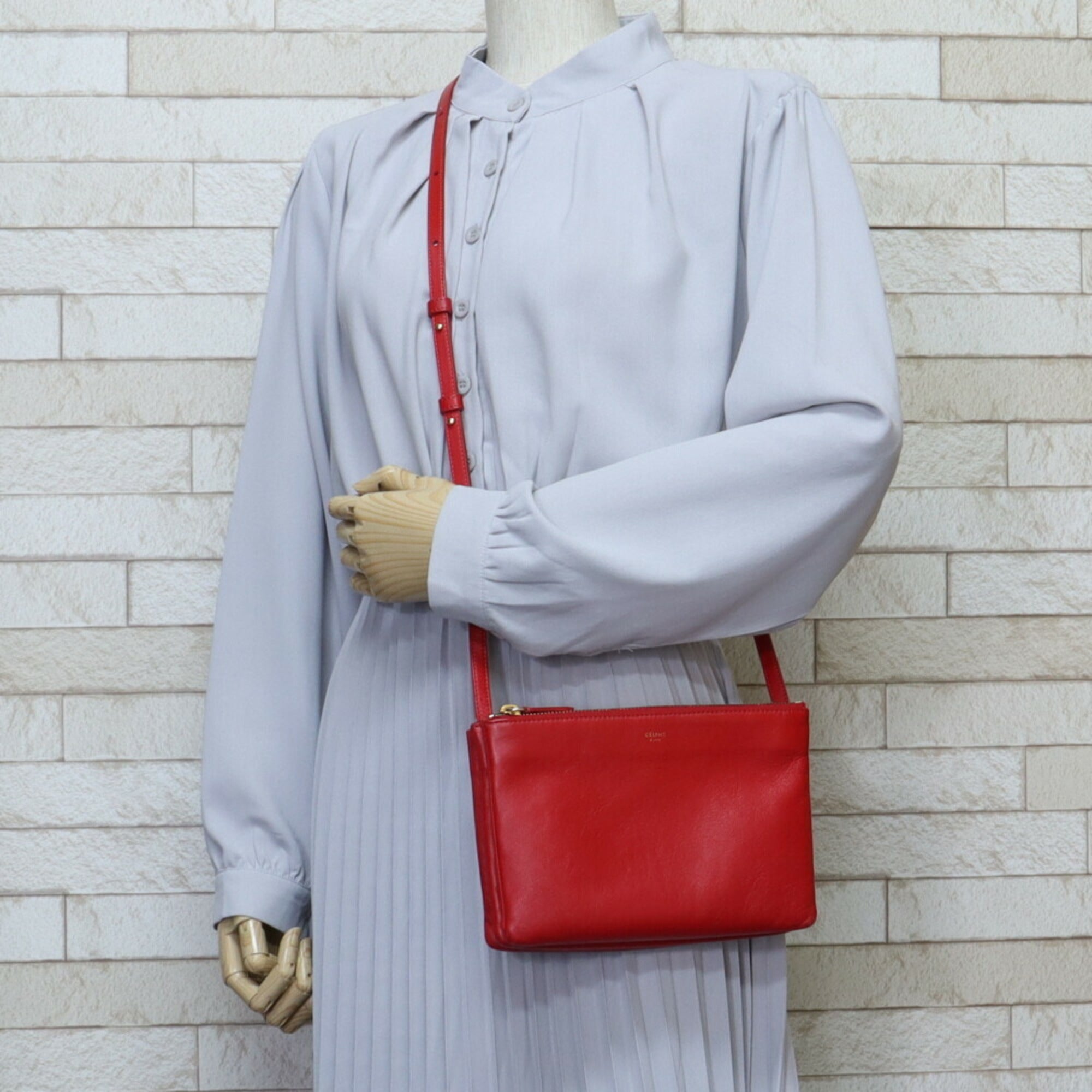 Celine trio small shoulder bag leather red ladies