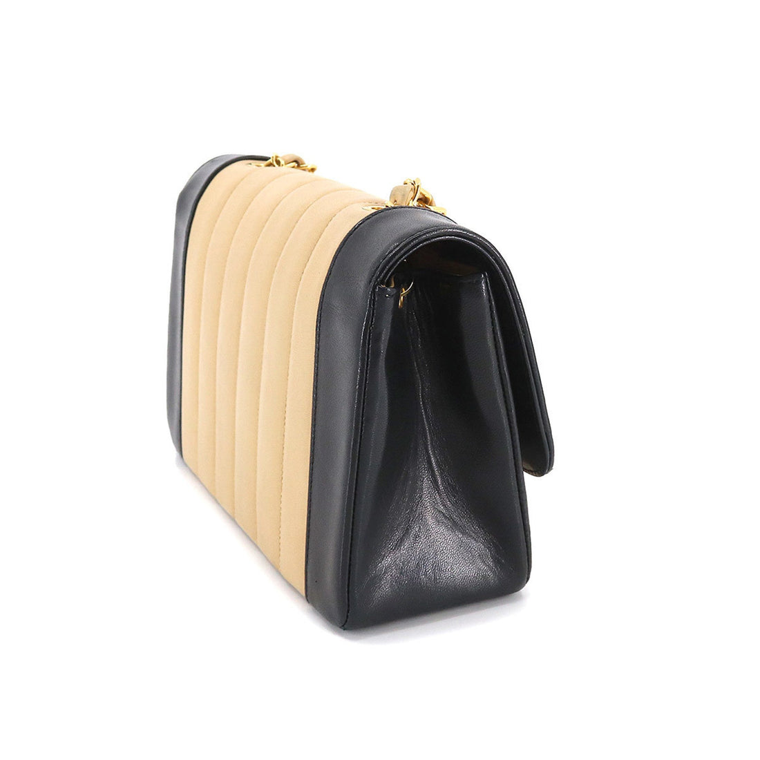 Chanel Mademoiselle Chain Shoulder Bag Leather Beige Black Gold Hardware Bicolor Vintage