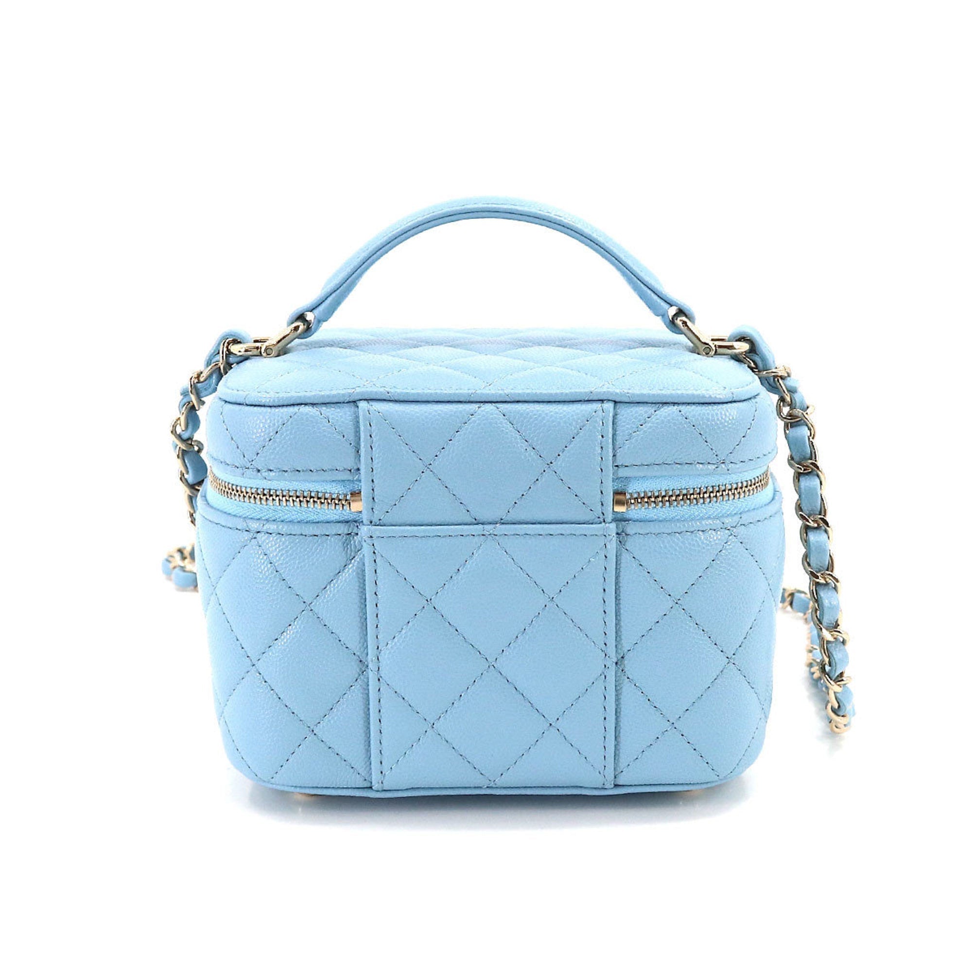 Chanel Matelasse Small Vanity Chain Shoulder Bag Caviar Skin Leather Light Blue AS3171