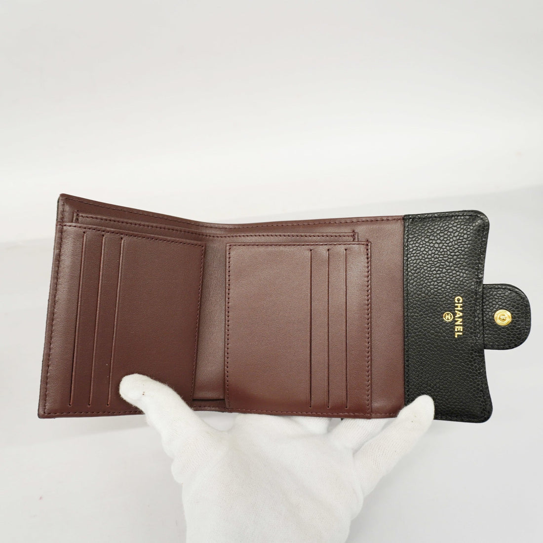 Chanel[3ca0380]   tri-fold wallet Matelasse caviar skin black gold metal