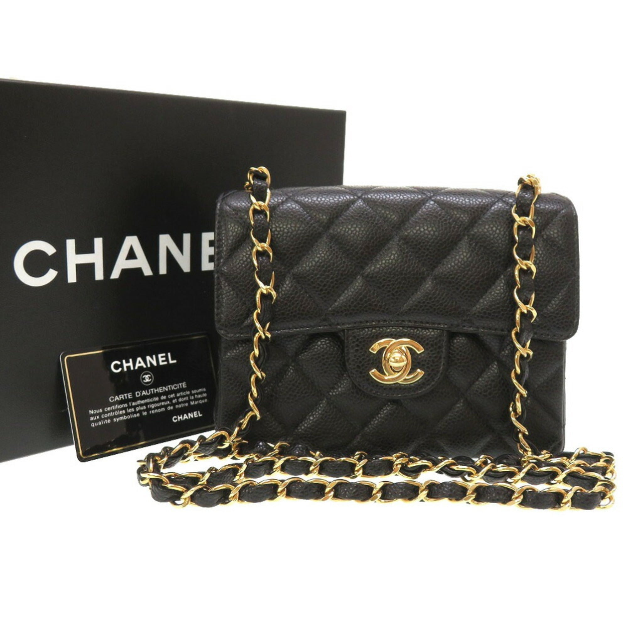 Chanel Matelasse Caviar Skin Black No. 8 Gold Chain Shoulder Bag Coco Mark