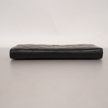 ChanelAuth  Matelasse Long Wallet Silver Metal Fittings Women's Lambskin Black