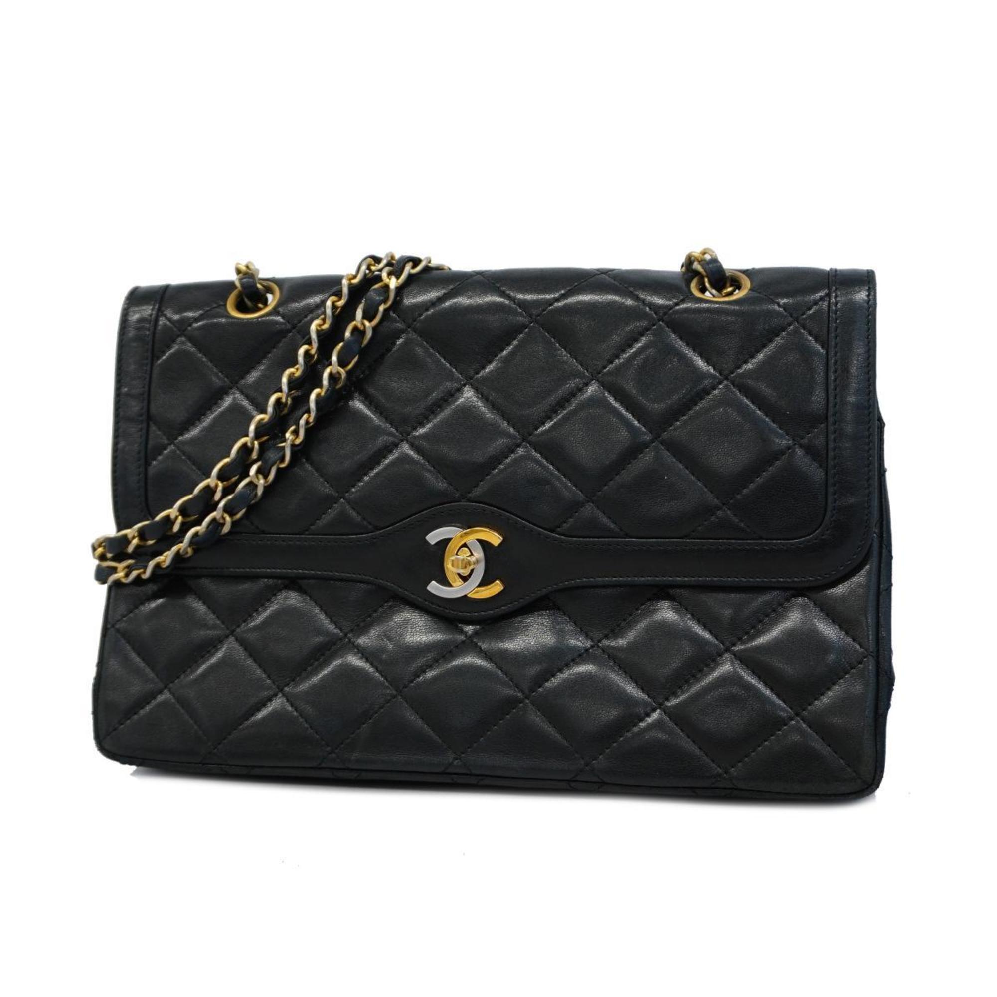 Chanel Shoulder Bag Matelasse Paris Limited W Flap Chain Lambskin Black Women's