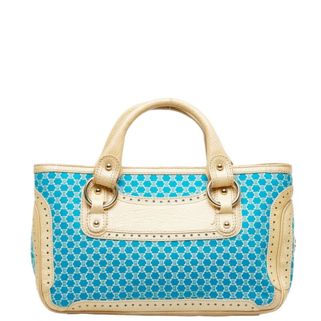 Celine Macadam Handbag Light Blue Beige Canvas Leather Ladies