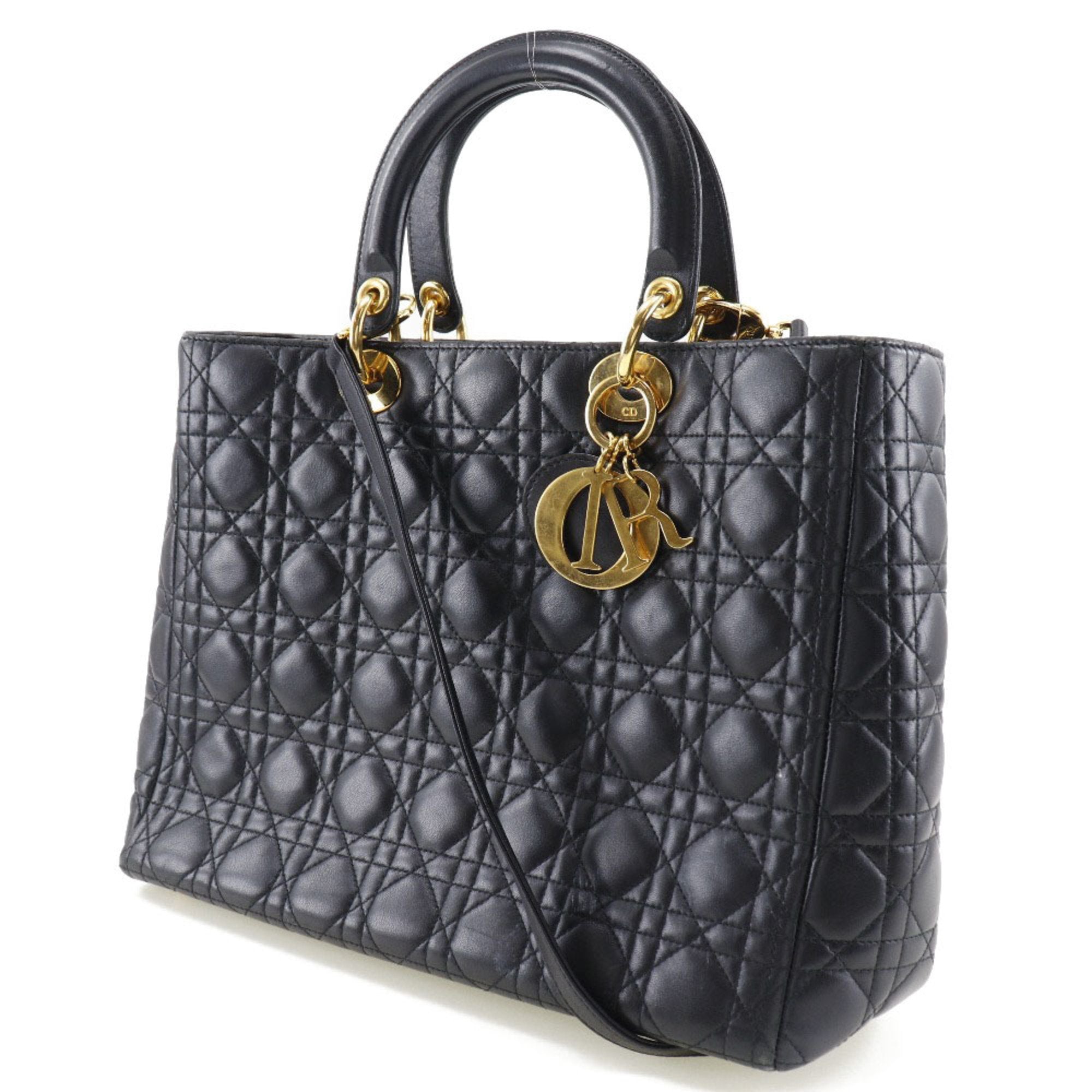 CHRISTIAN DIOR Dior Christian Lady Large HandBag Canage 2WAY Shoulder Calf Black/Gold Hardware Ladies