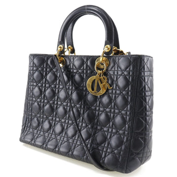 CHRISTIAN DIOR Dior Christian Lady Large HandBag Canage 2WAY Shoulder Calf Black/Gold Hardware Ladies