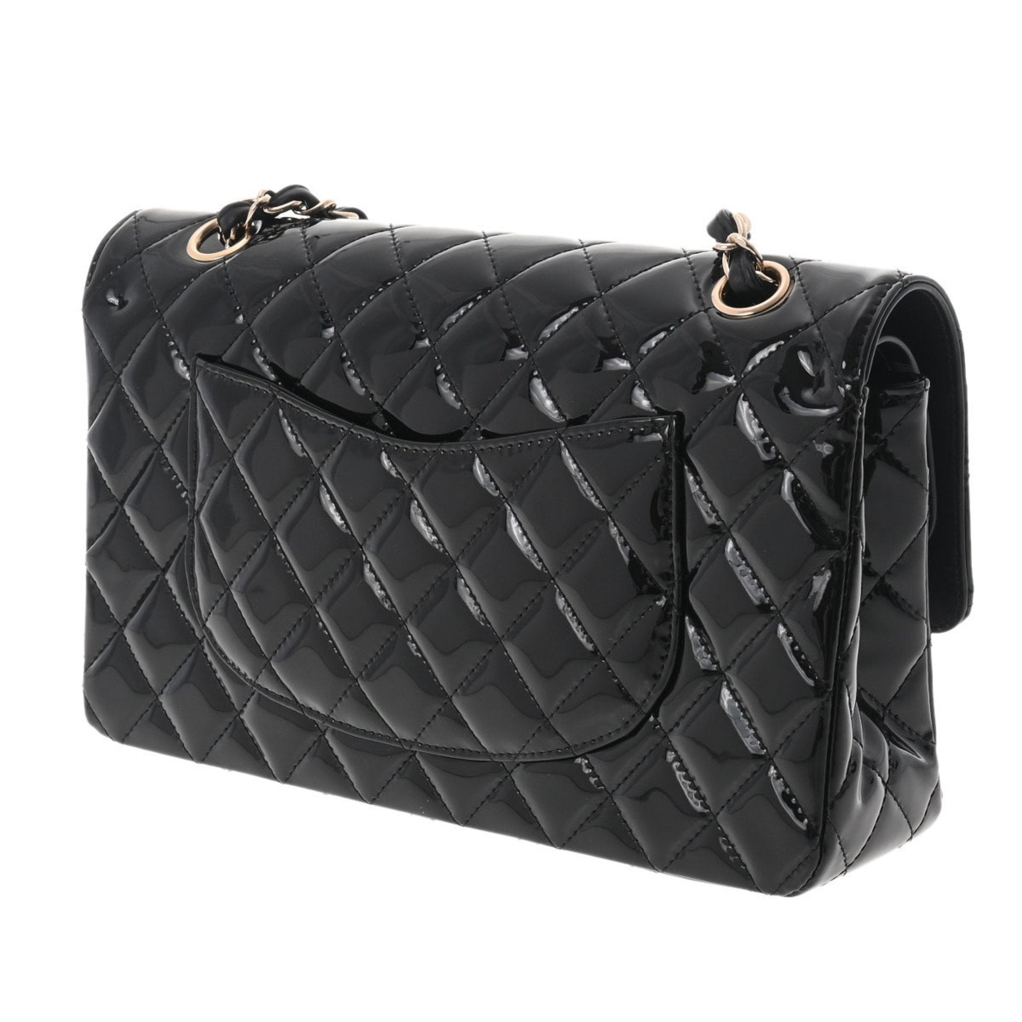 Chanel matelasse W flap chain shoulder 25 black champagne ladies patent leather Bag