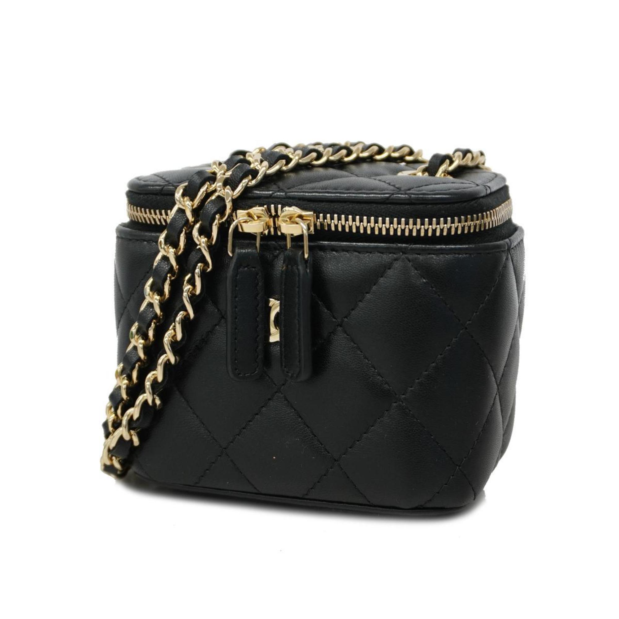 Chanel Shoulder Bag Matelasse Chain Lambskin Black Champagne Women's
