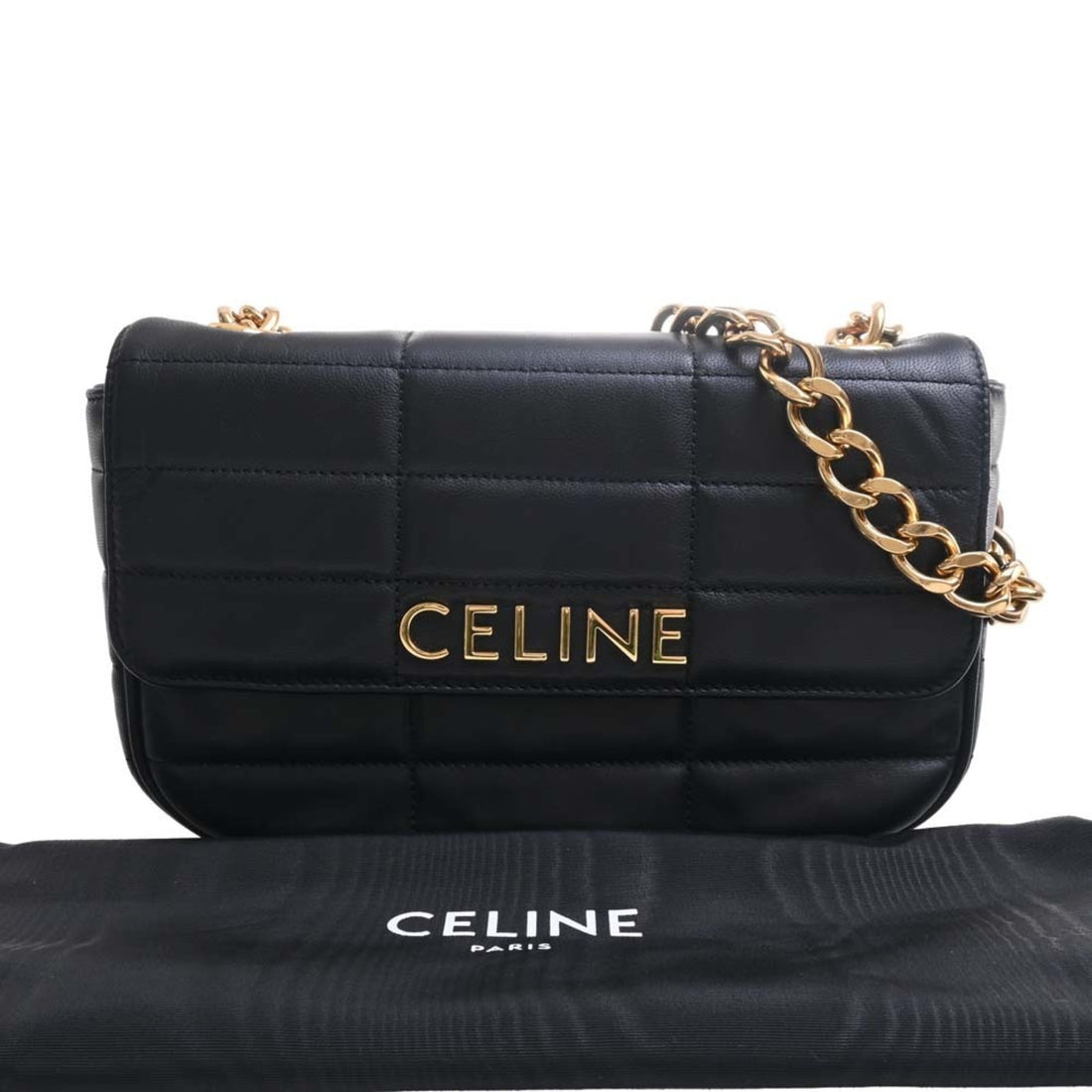Celine Matelasse Monochrome Leather Chain Shoulder Bag Black Women's