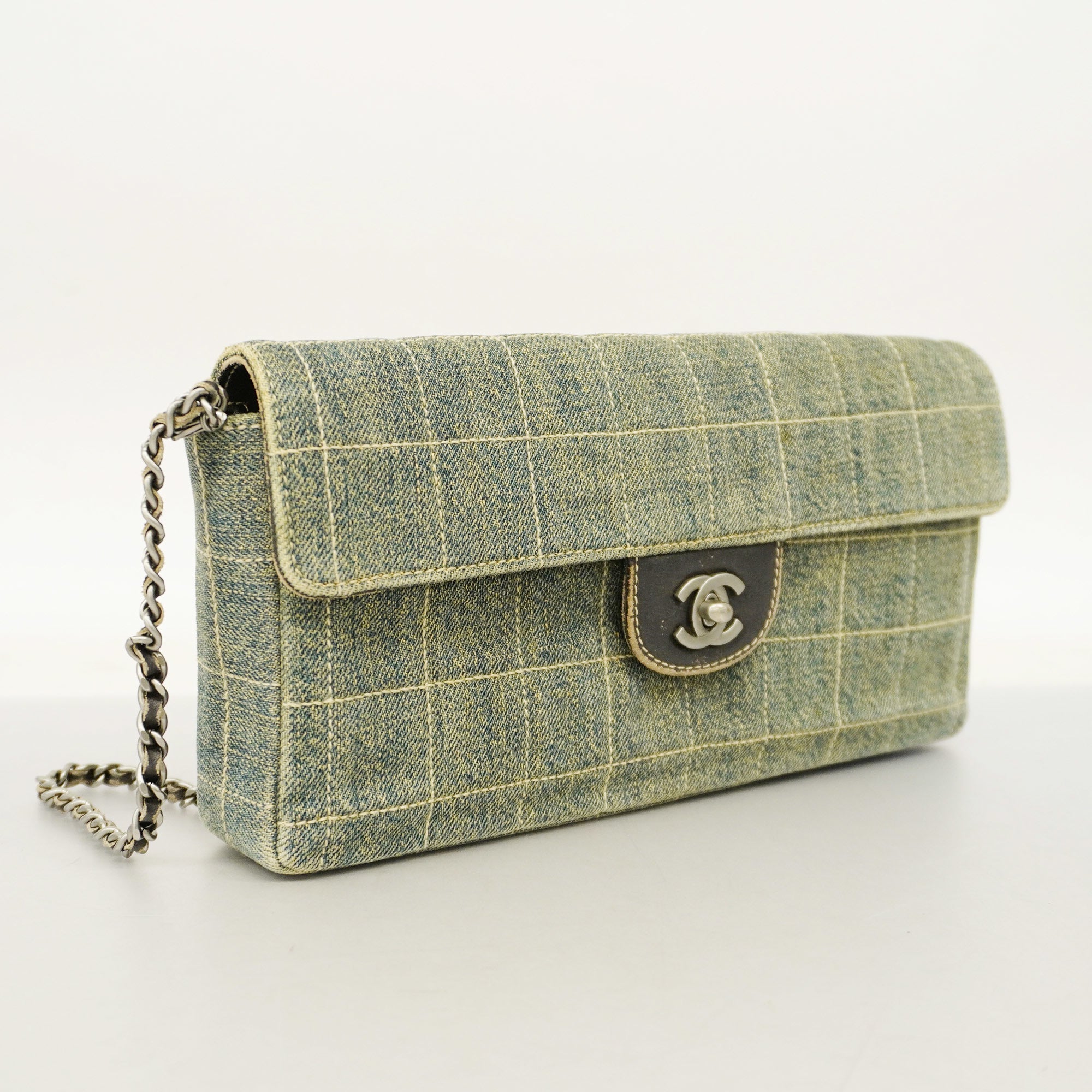 ChanelAuth  Chocolate Bar Chain Shoulder Women's Denim Shoulder Bag Blue