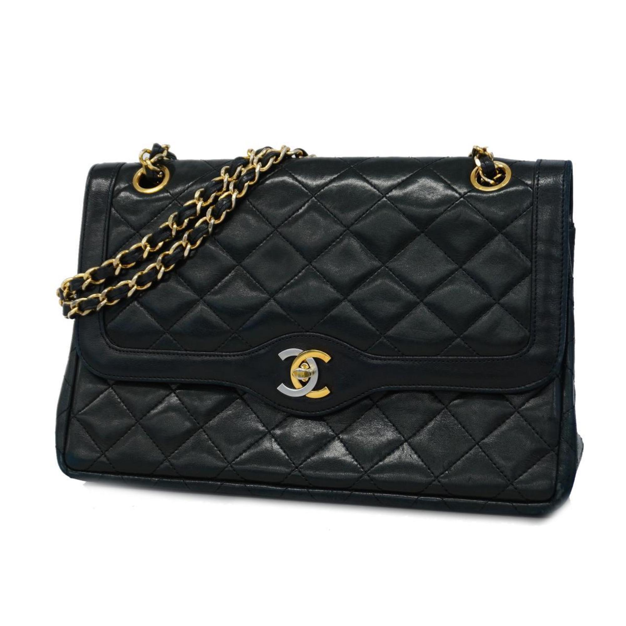 Chanel Shoulder Bag Matelasse Paris Limited W Flap Chain Lambskin Black Women's