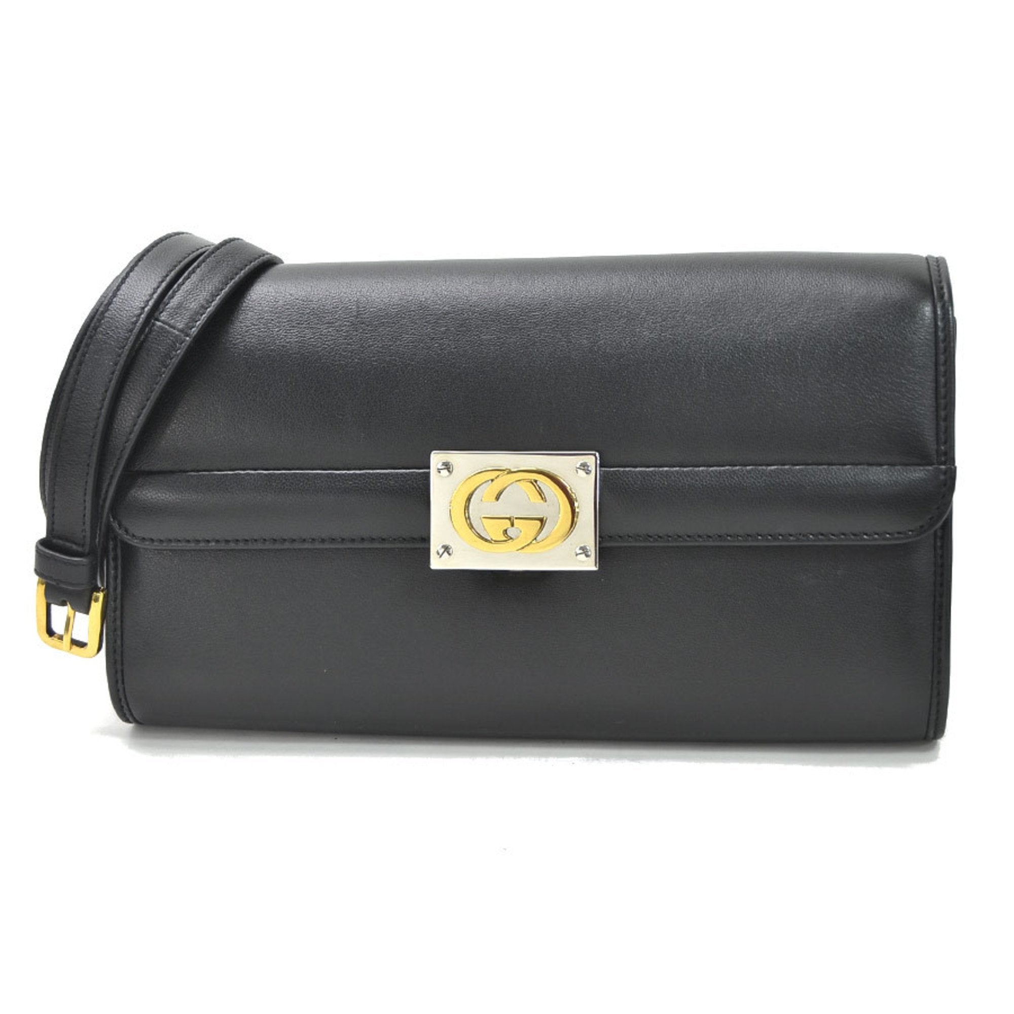 Gucci Shoulder Bag Clutch 2Way Interlocking G Black Leather GUCCI Women's 628521