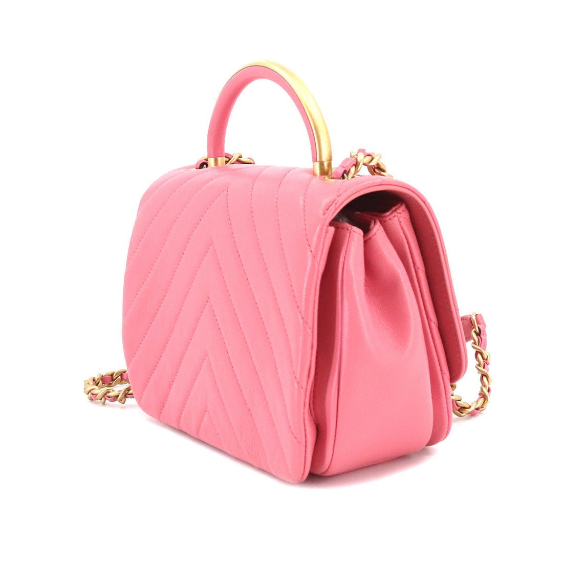 Chanel Chevron V Stitch Top Handle 2way Hand Shoulder Bag Leather Pink
