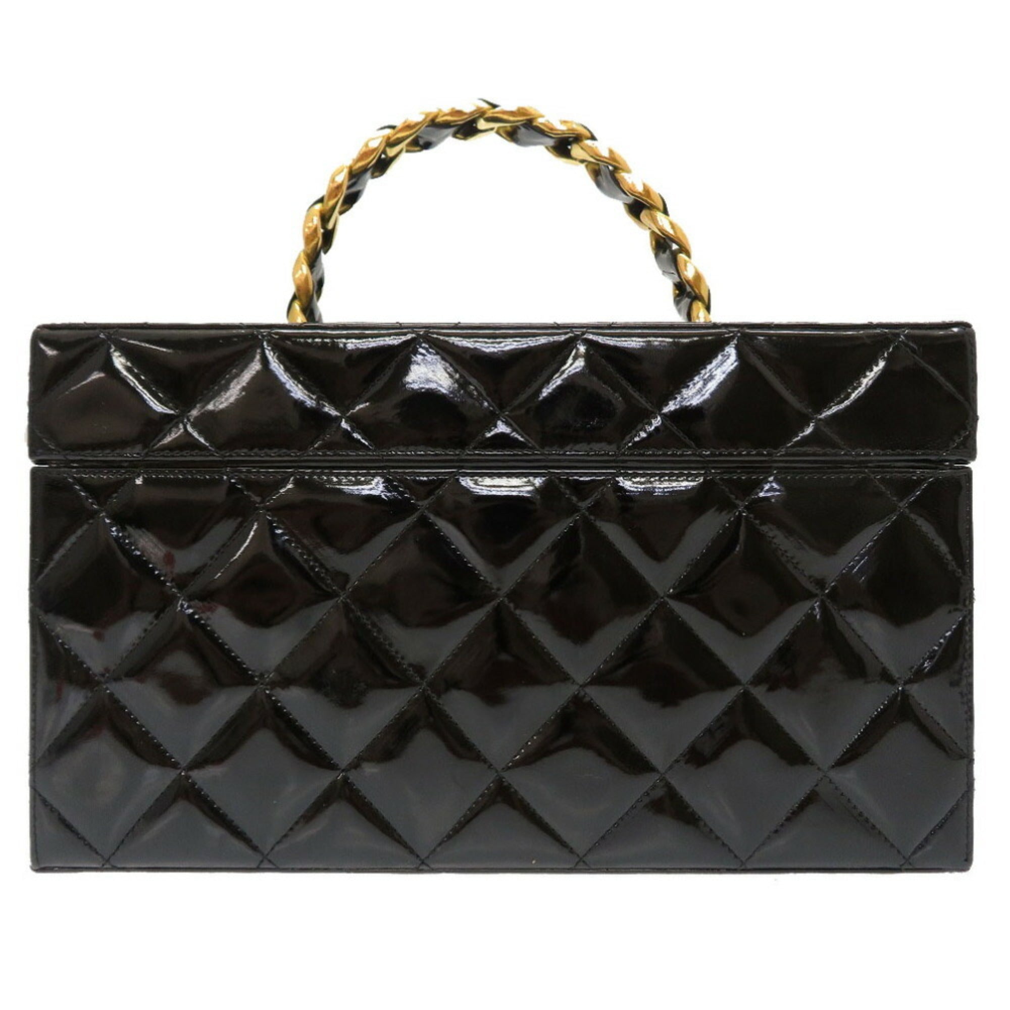 Chanel Matrasse Enamel Black 2nd Gold Metal Fittings Vintage Coco Mark Turn Lock Vanity Bag 0032 Chanel