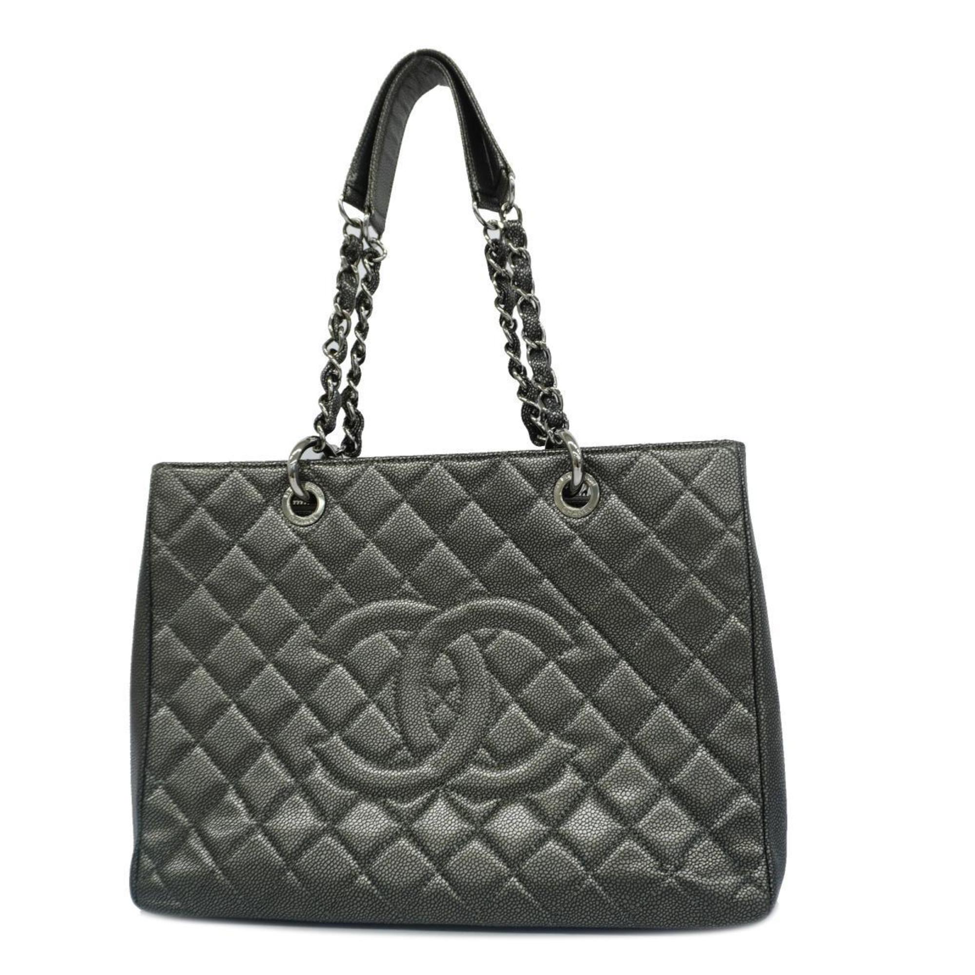 Chanel Shoulder Bag Matelasse Chain Caviar Skin Metallic Grey Women's
