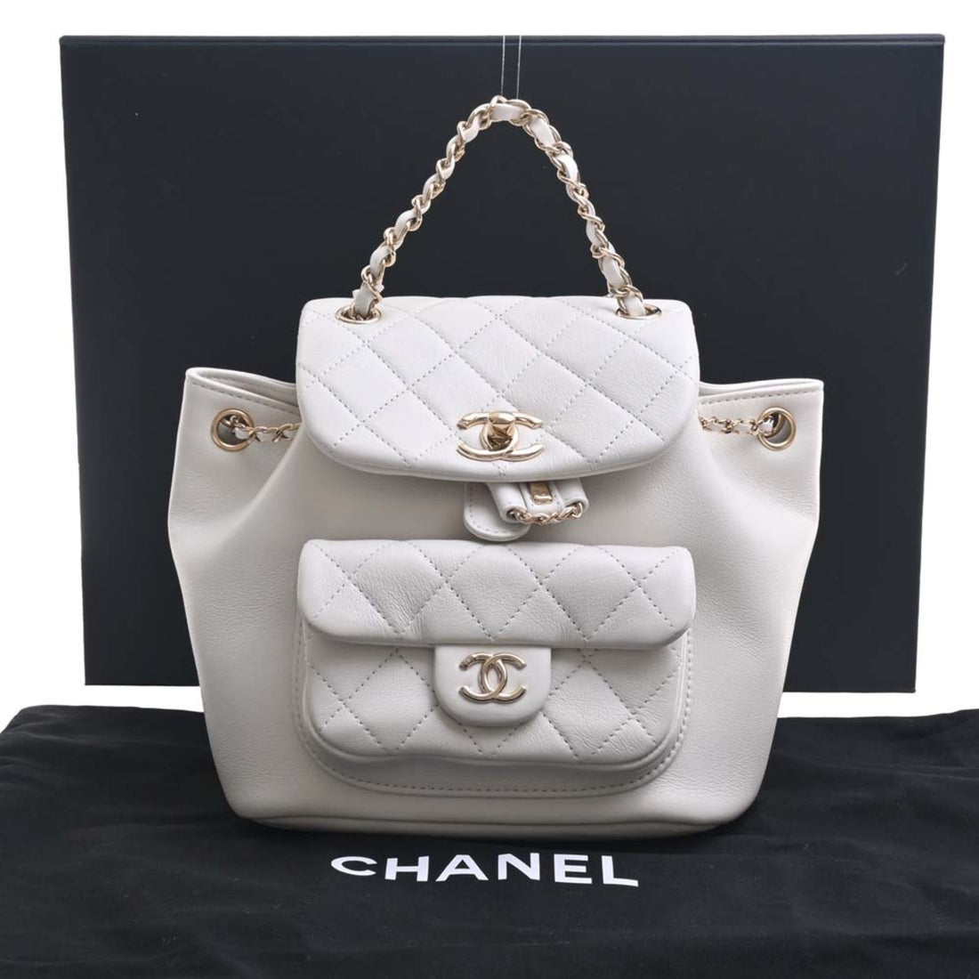 Chanel Leather Matelasse Coco Mark Chain Rucksack Backpack AS2908 White Ladies