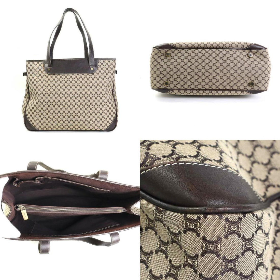 Celine Shoulder Bag Macadam Canvas/Leather Brown Women's