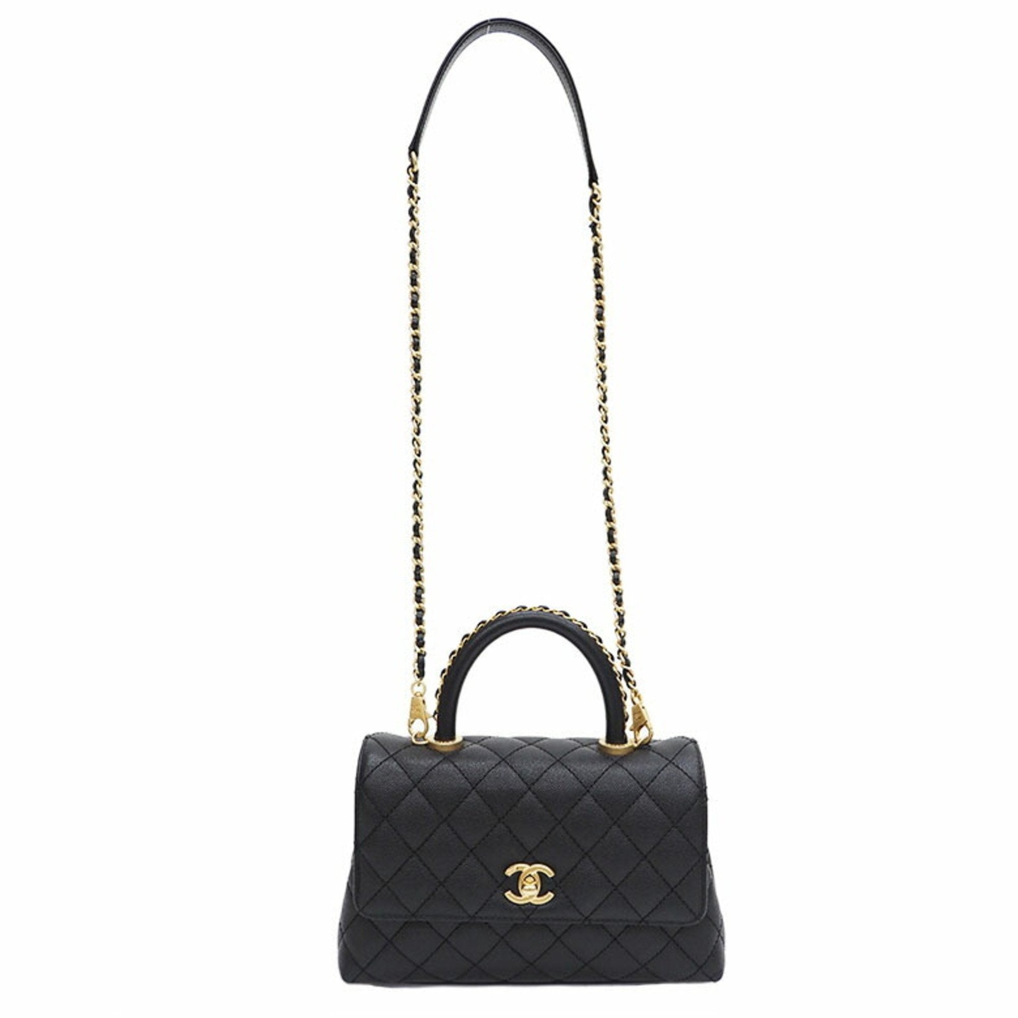 Chanel Coco Handle HandBag Black A92990 Caviar Skin Women's