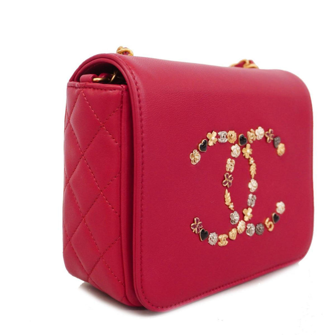 Chanel Shoulder Bag Matelasse Chain Lambskin Red Women's