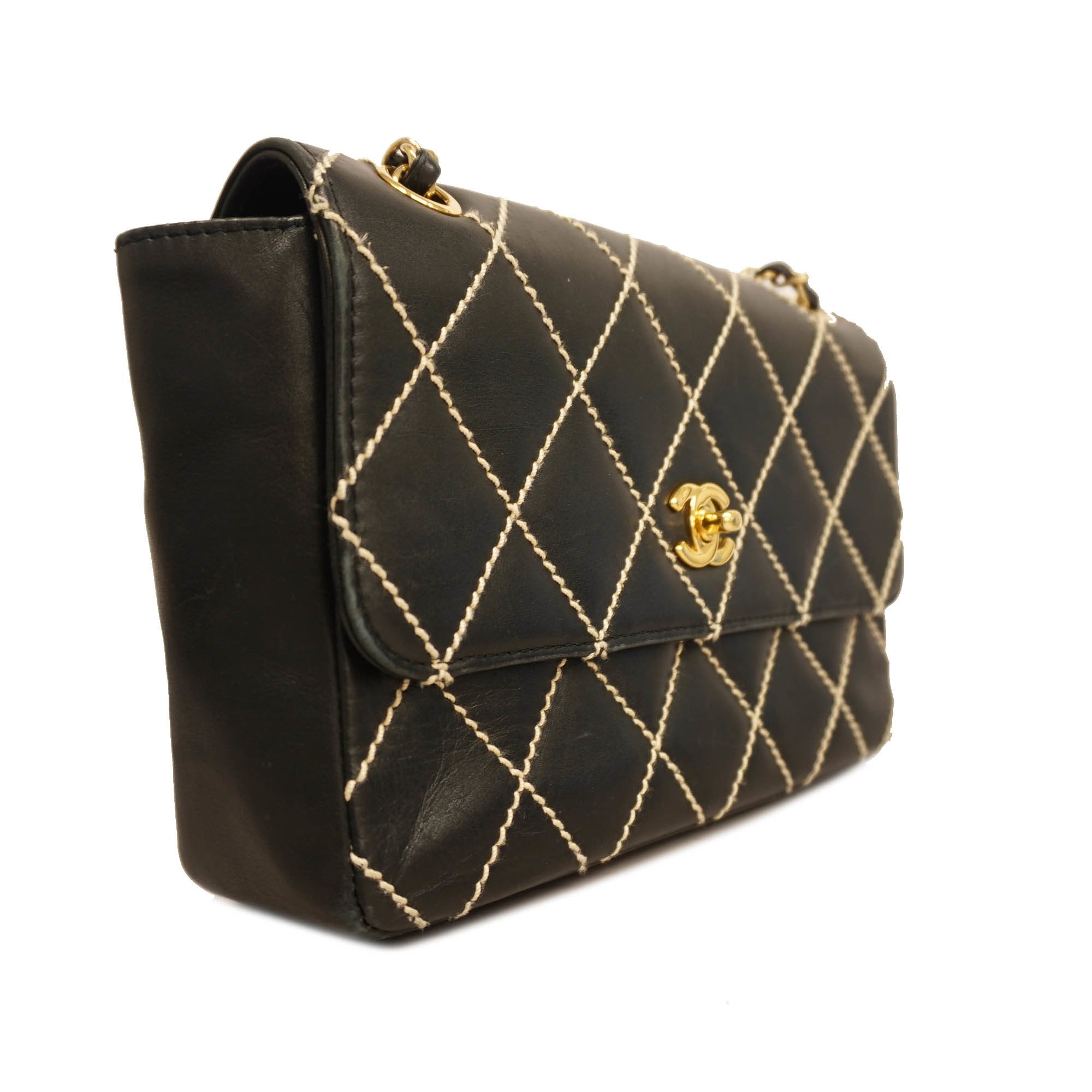 Chanel shoulder bag wild stitch W chain leather black gold metal