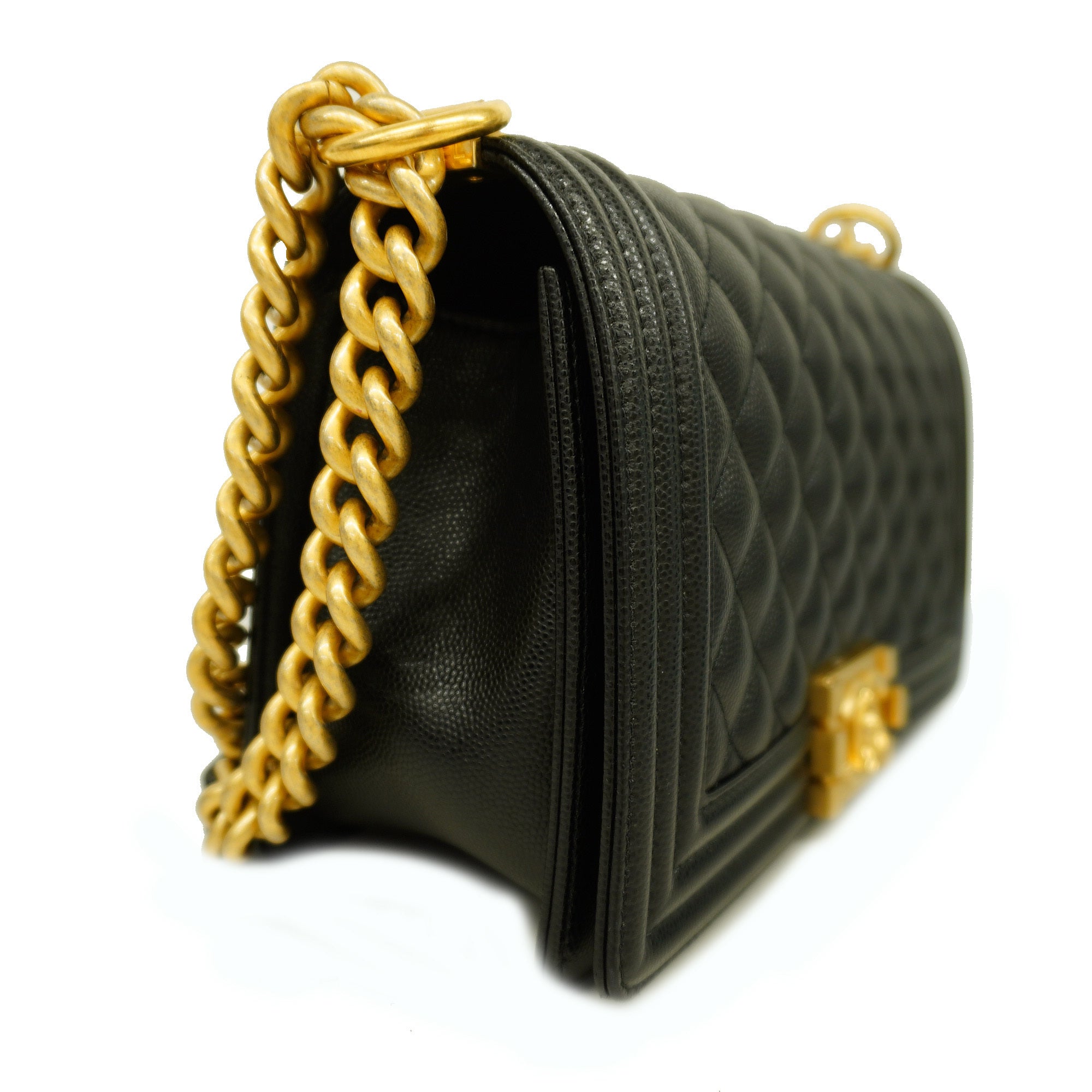 CHANEL   Boy  Chain Shoulder Women's Caviar Leather Shoulder Bag Black