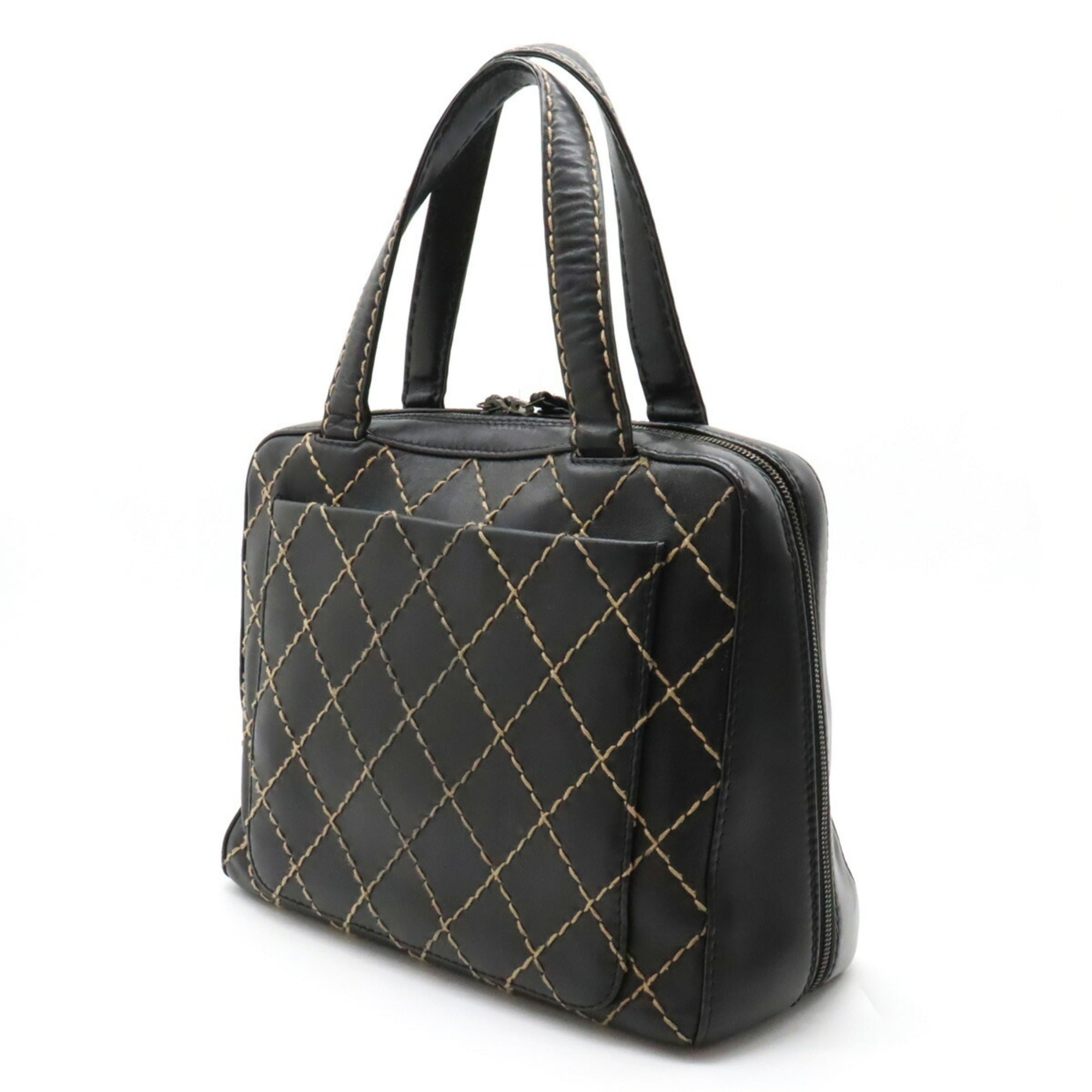 Chanel Wild Stitch Coco Mark Tote Bag HandBag Leather Black A14693