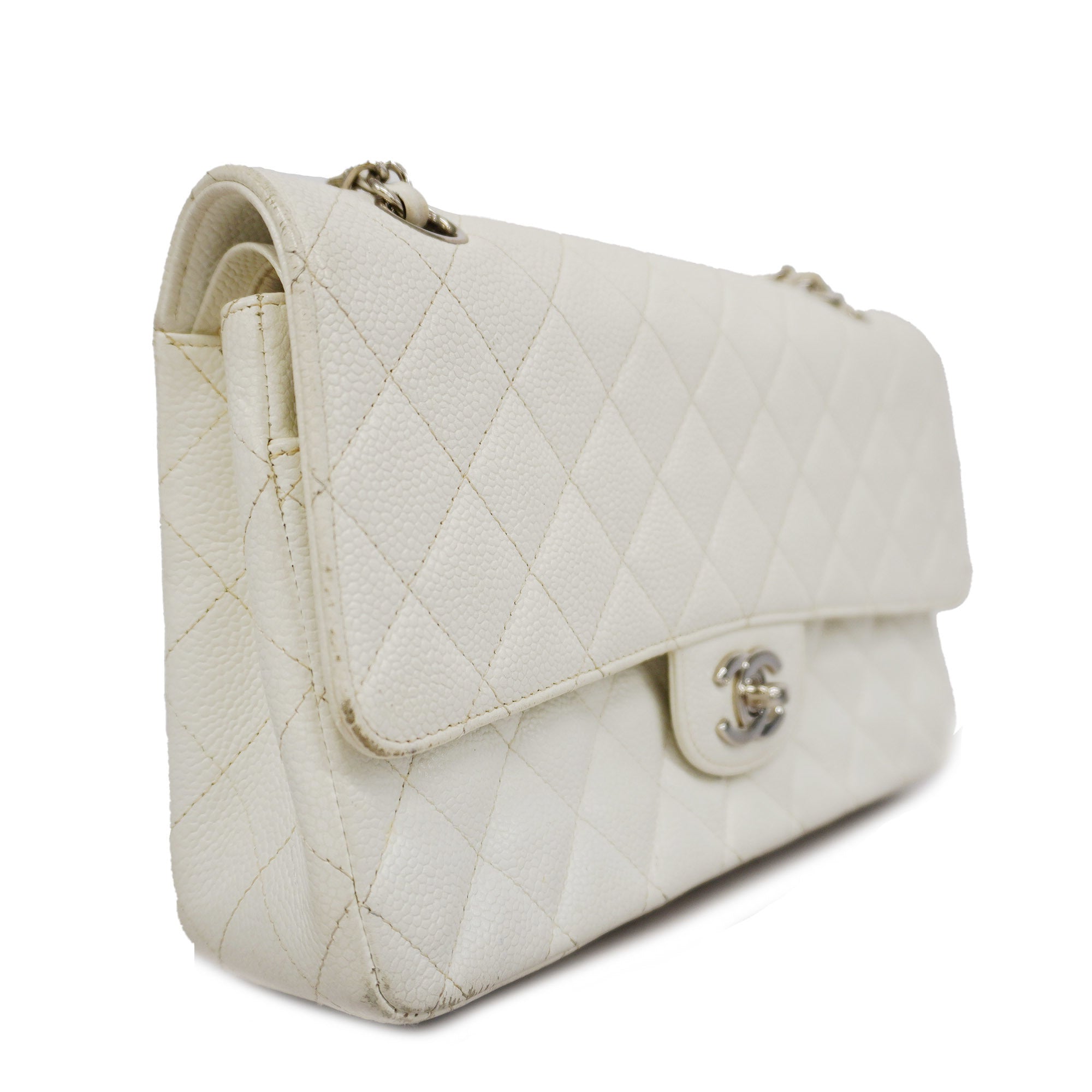 ChanelAuth  Matelasse W Flap W Chain Women's Caviar Leather Shoulder Bag White