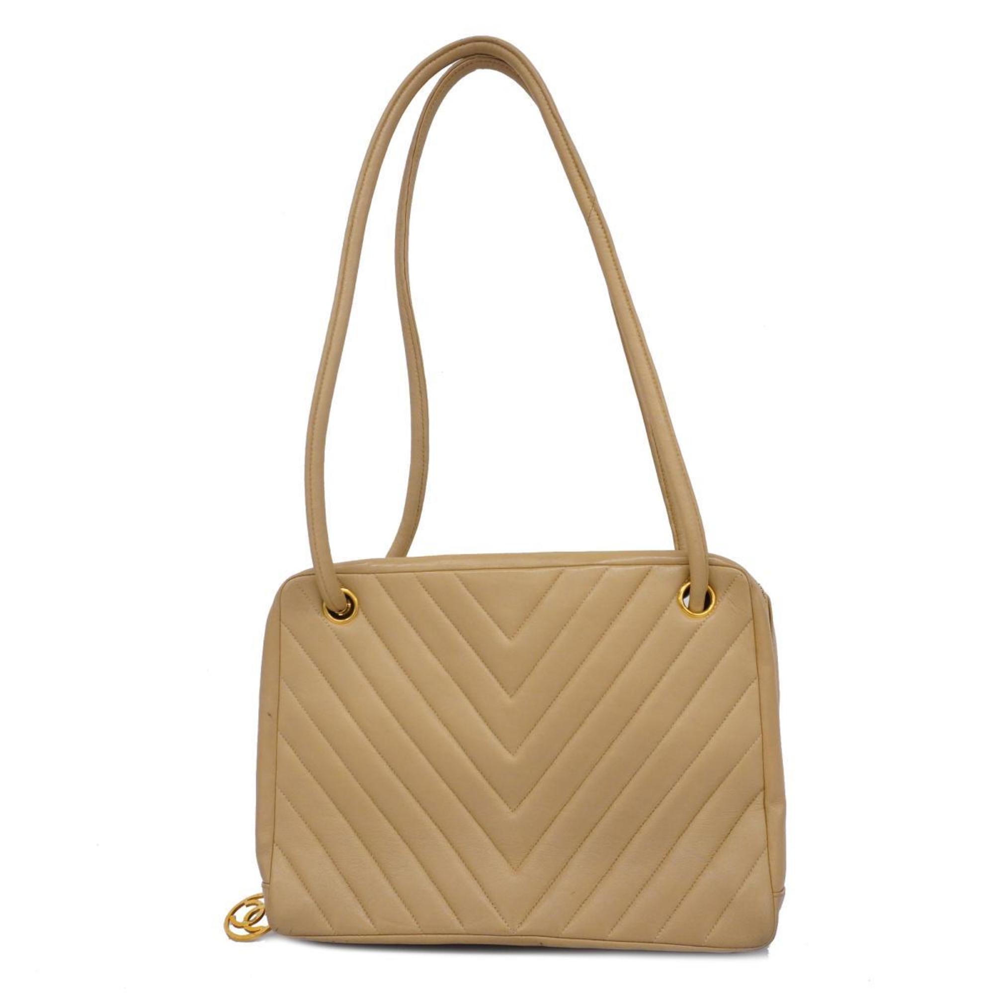 Chanel Shoulder Bag V Stitch Lambskin Beige Women's