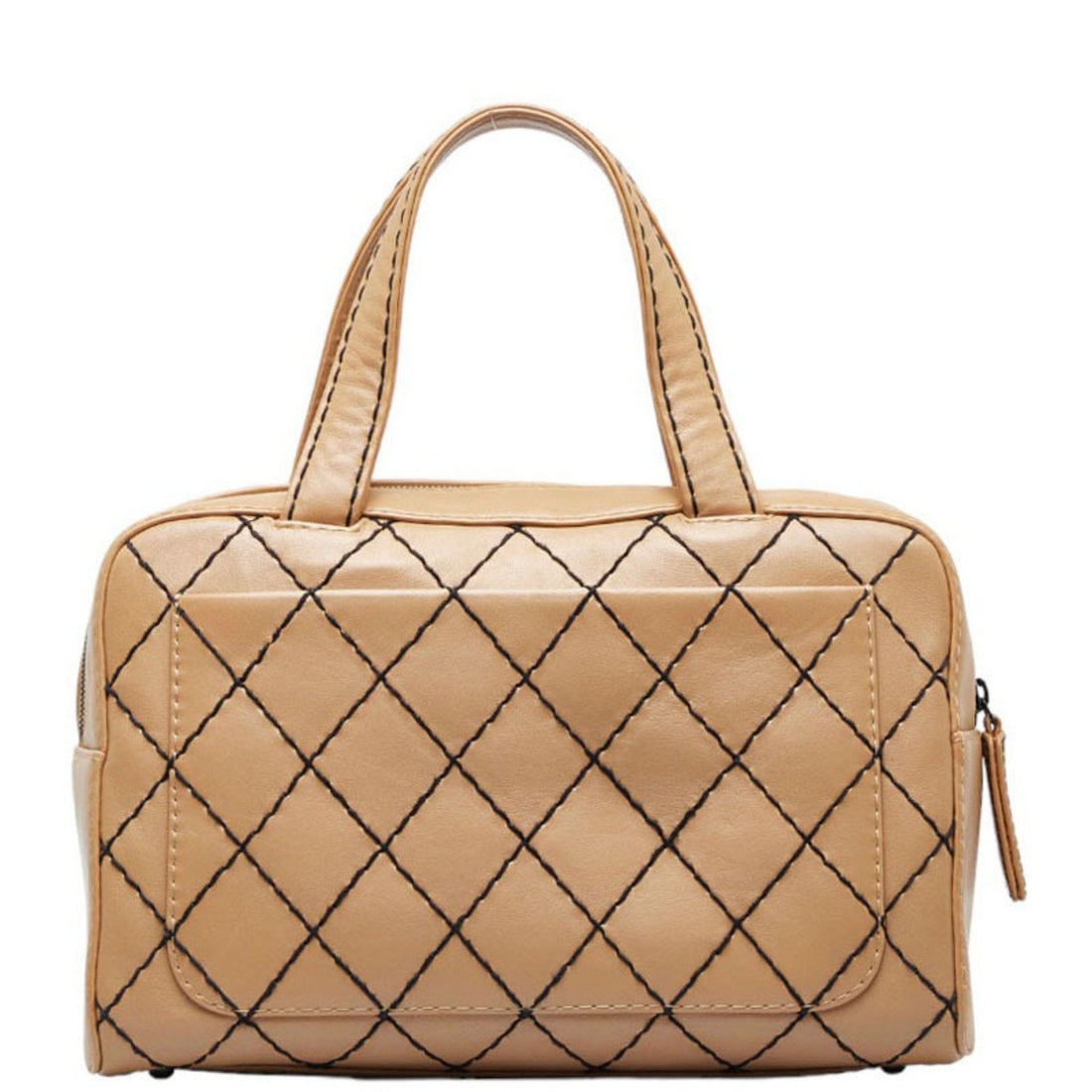 Chanel Wild Stitch Coco Mark HandBag Boston Bag Beige Black Leather Ladies