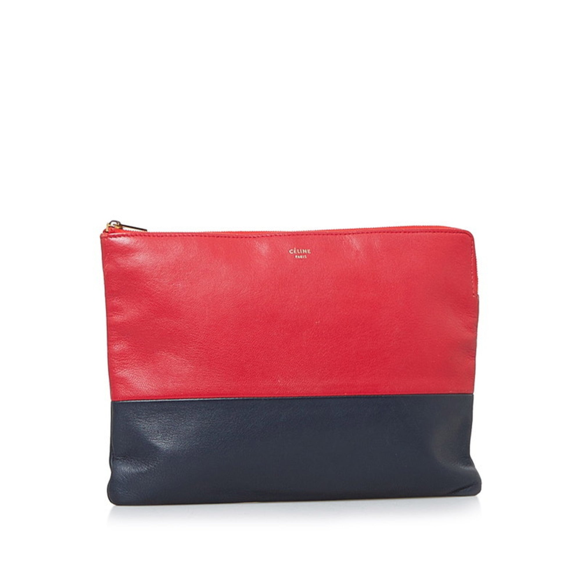 Celine Bicolor Pouch Clutch Bag Red Navy Leather Ladies