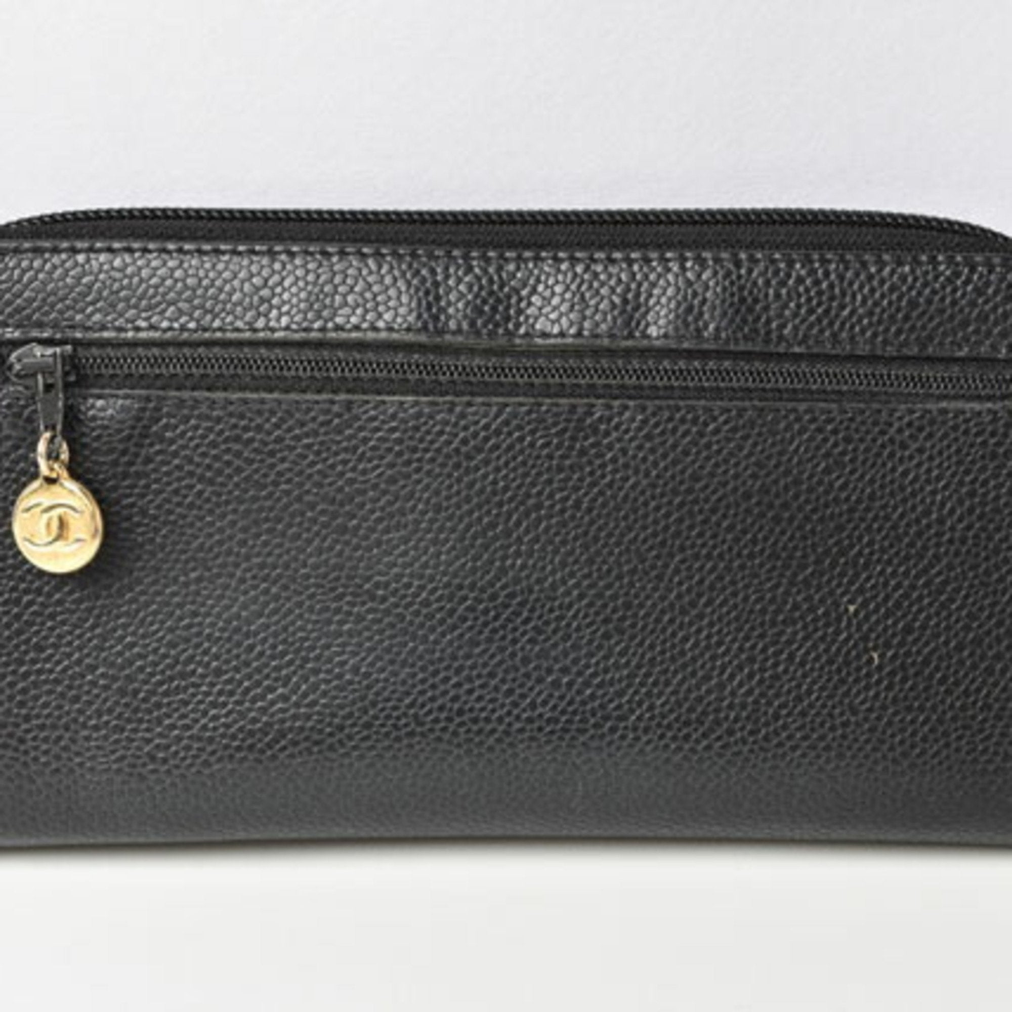 Chanel long wallet round here mark caviar skin black