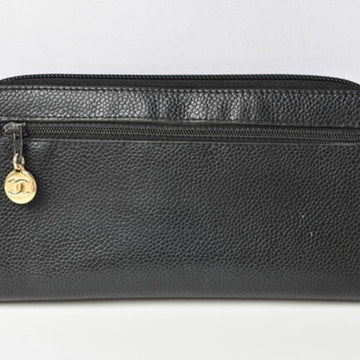 Chanel long wallet round here mark caviar skin black