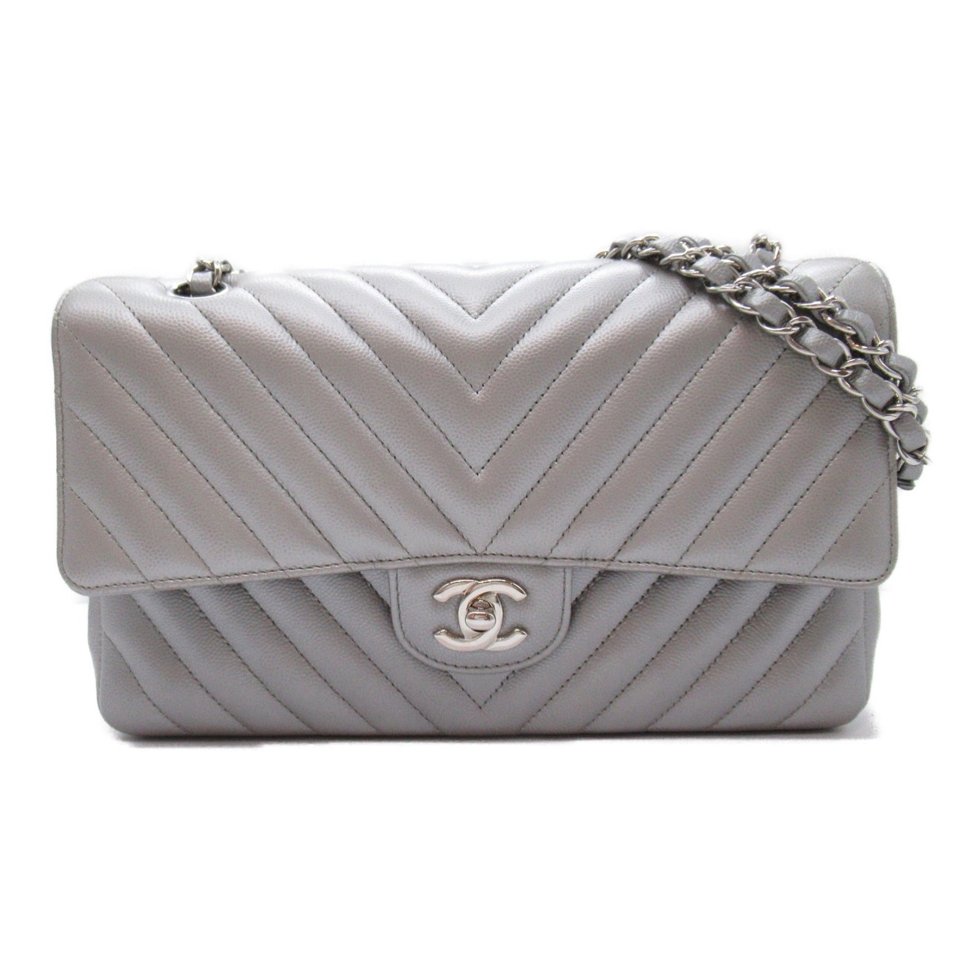 CHANEL V-stitched ChainShoulder Silver Caviar Skin (Grained Calf)