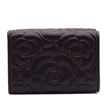 Chanel Wallet Women's Trifold Leather Camellia Black