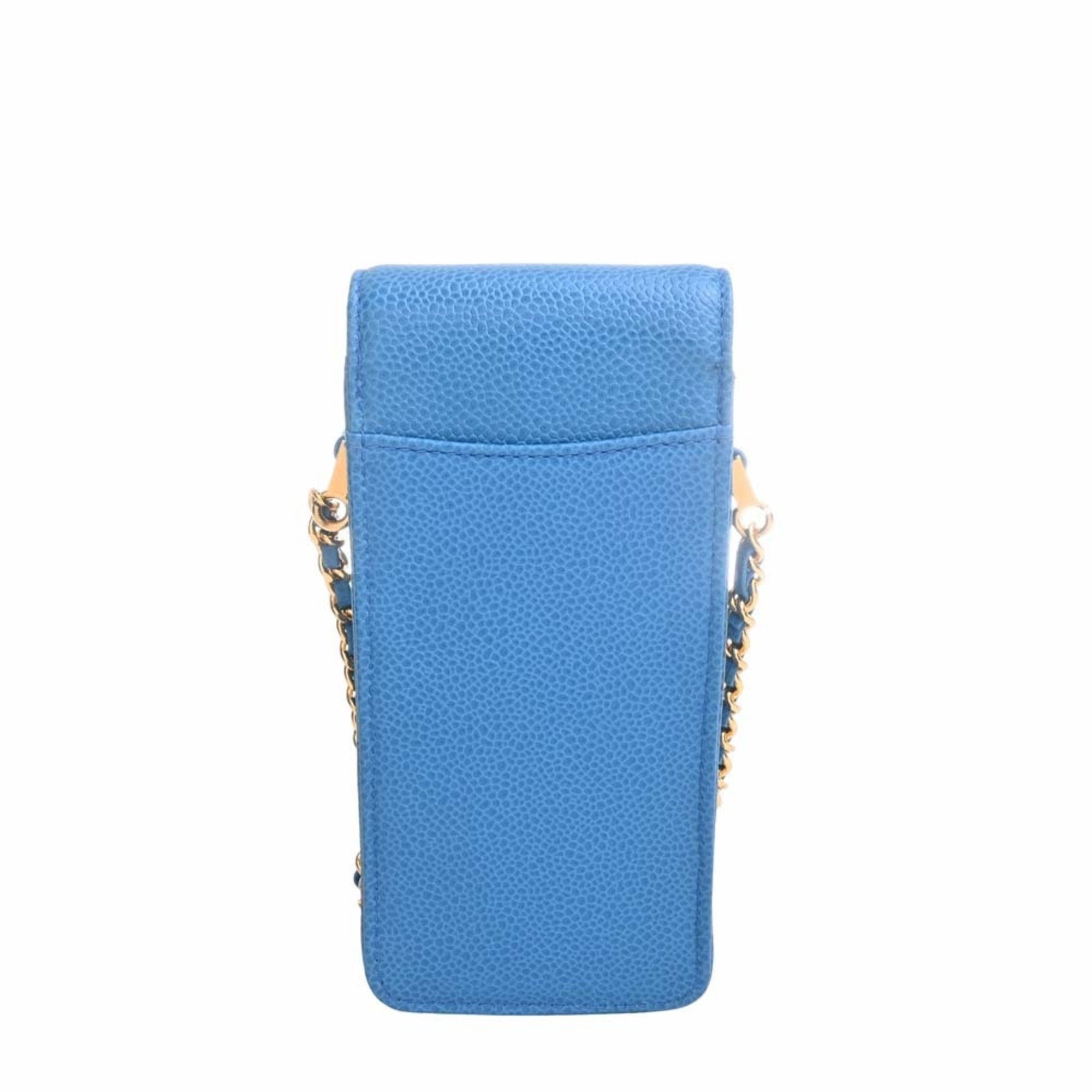 Chanel Leather Coco Mark Chain Phone Case Shoulder Bag Blue Ladies