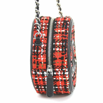 Chanel Crossbody Shoulder Bag Coco Mark Tweed/Leather/Metal Red/Black/Silver Women's
