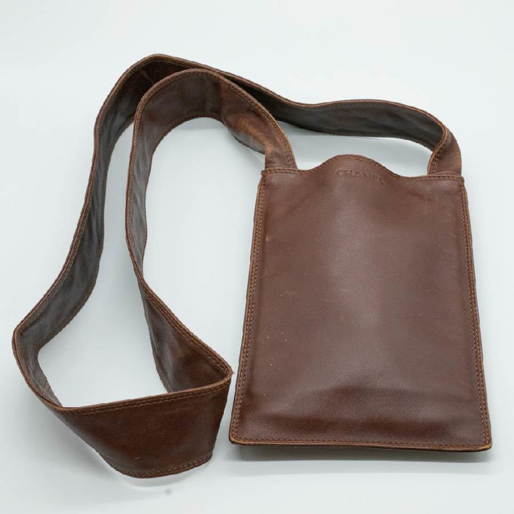 CHANEL Shoulder Bag Sacoche Leather Brown Black Men's Women's PD4