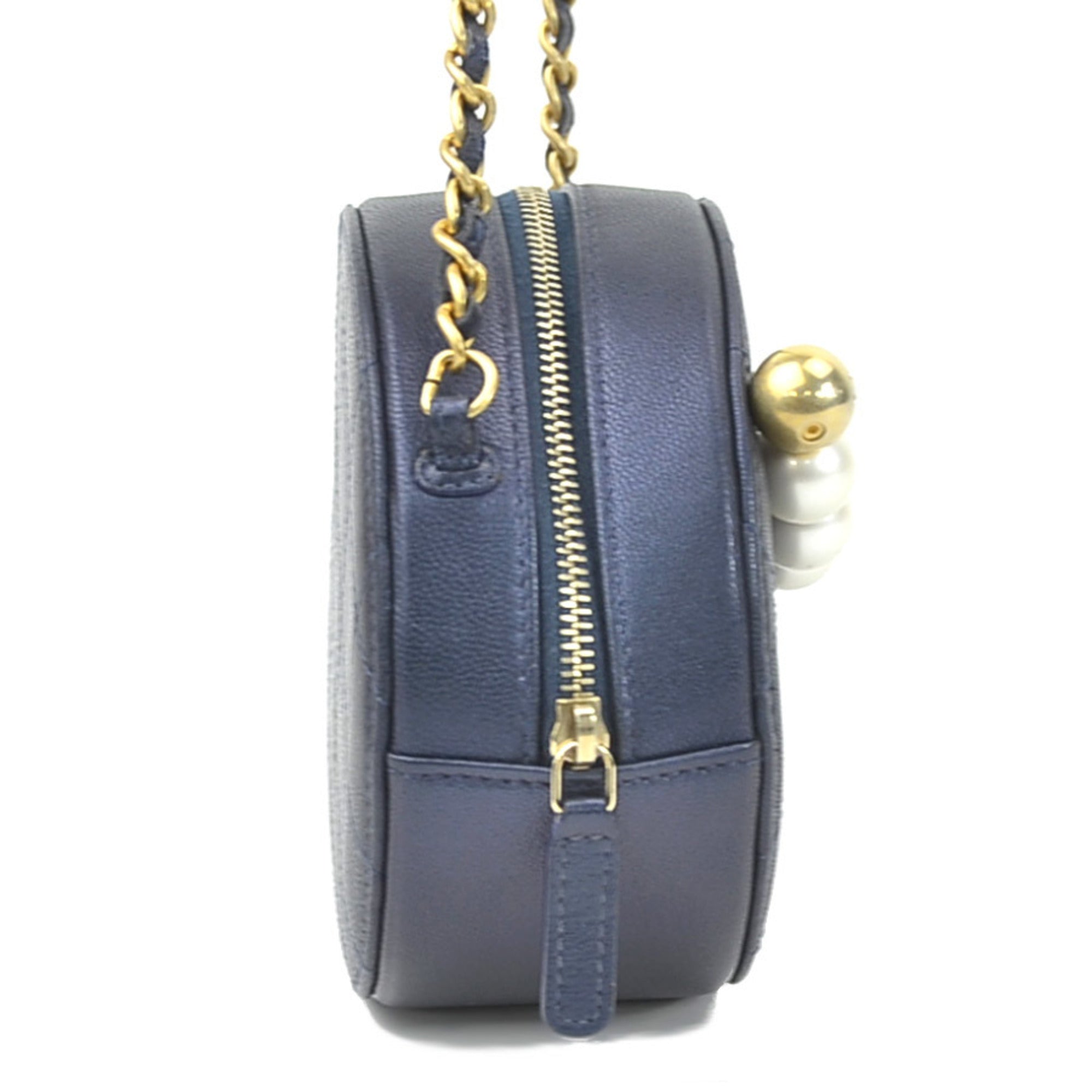 Chanel Crossbody Shoulder Bag Pochette Coco Mark Leather/Metal/Fake Pearl Navy/Gold/Off-White Women's