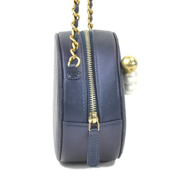 Chanel Crossbody Shoulder Bag Pochette Coco Mark Leather/Metal/Fake Pearl Navy/Gold/Off-White Women's