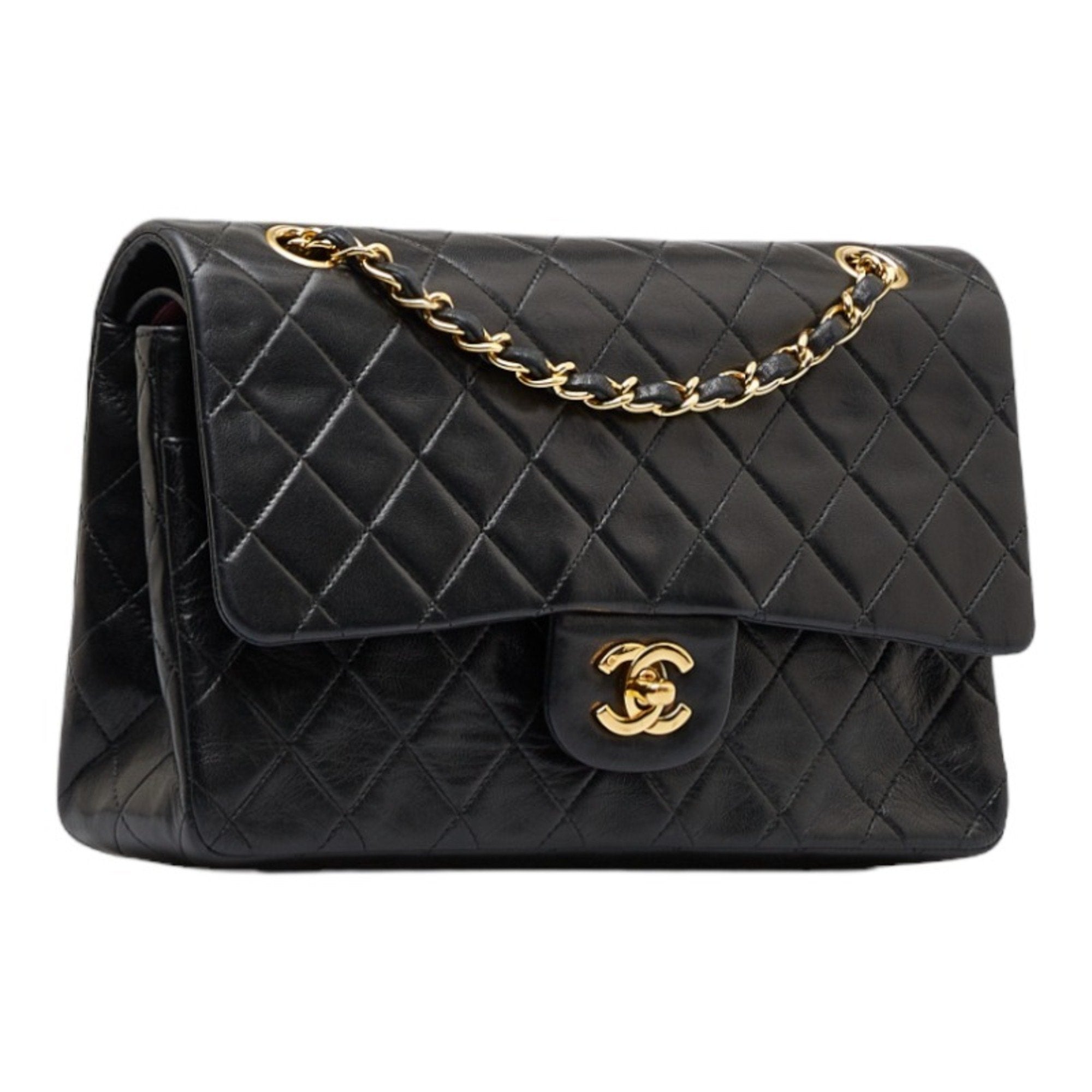Chanel matelasse 25 double flap chain shoulder Bag black leather ladies