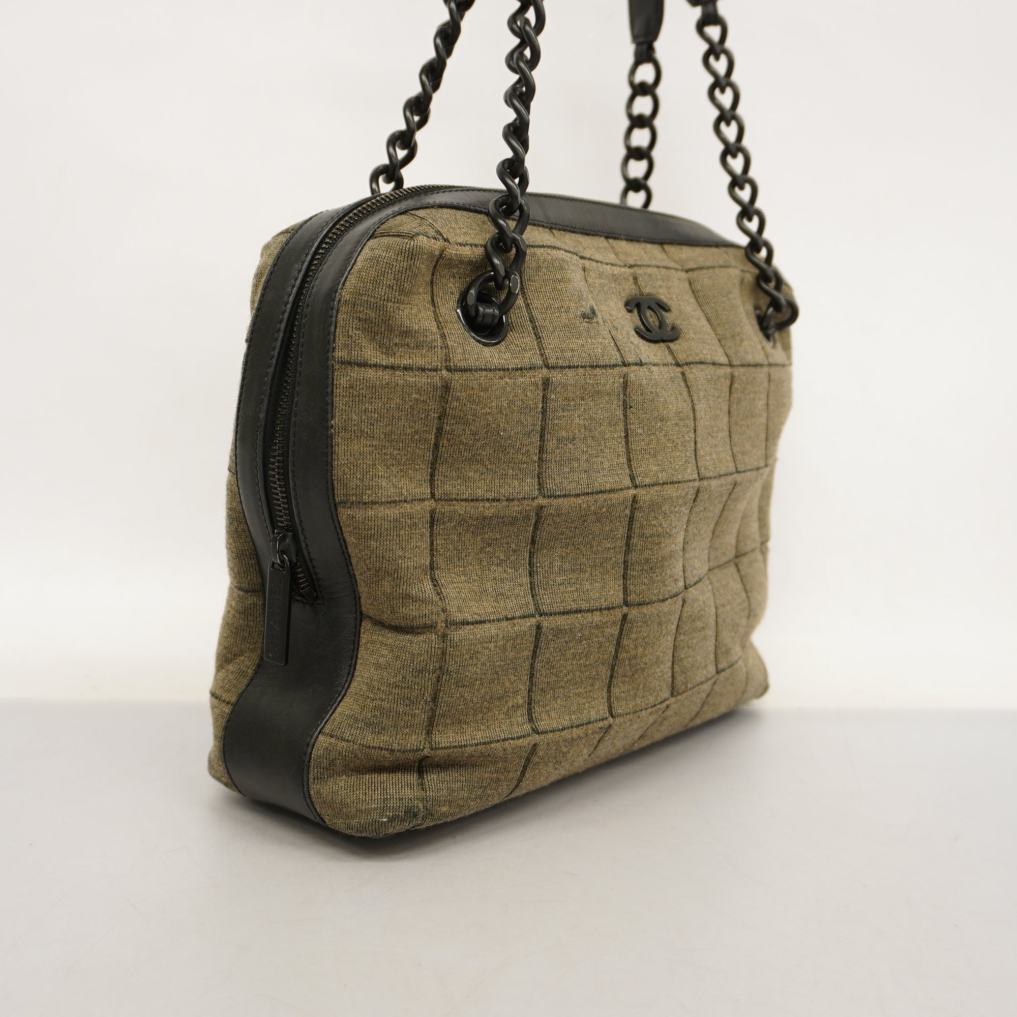 ChanelAuth  Chocolate Bar HandBag Women's Cotton,Leather Black,Khaki