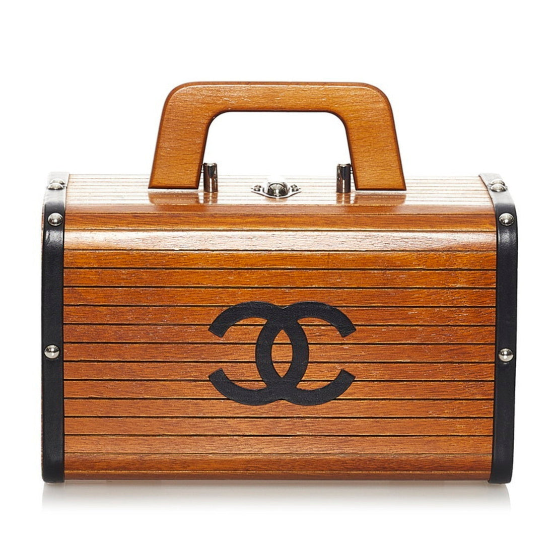 Chanel Wood Vanity Cocomark HandBag Brown Black Leather Women's